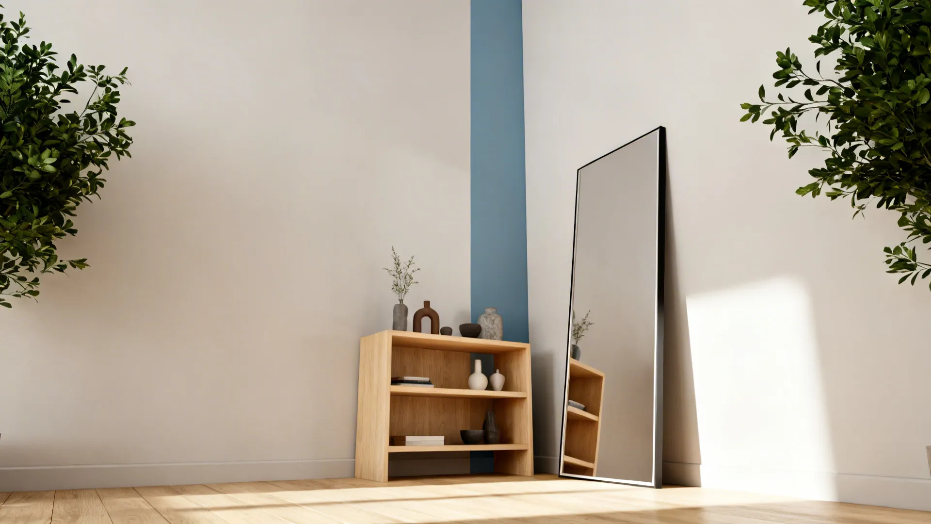 Corner of a small living room with tall narrow shelving, full-height mirror and a painted vertical accent stripe.