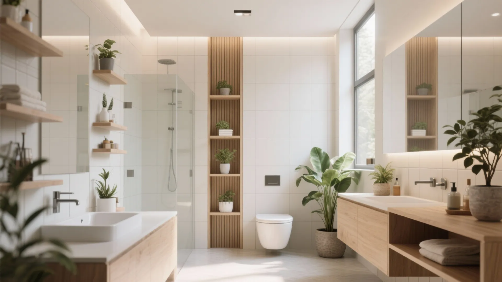 Bright bathroom featuring wood cabinets glass shower and vertical wall panel with small green plants