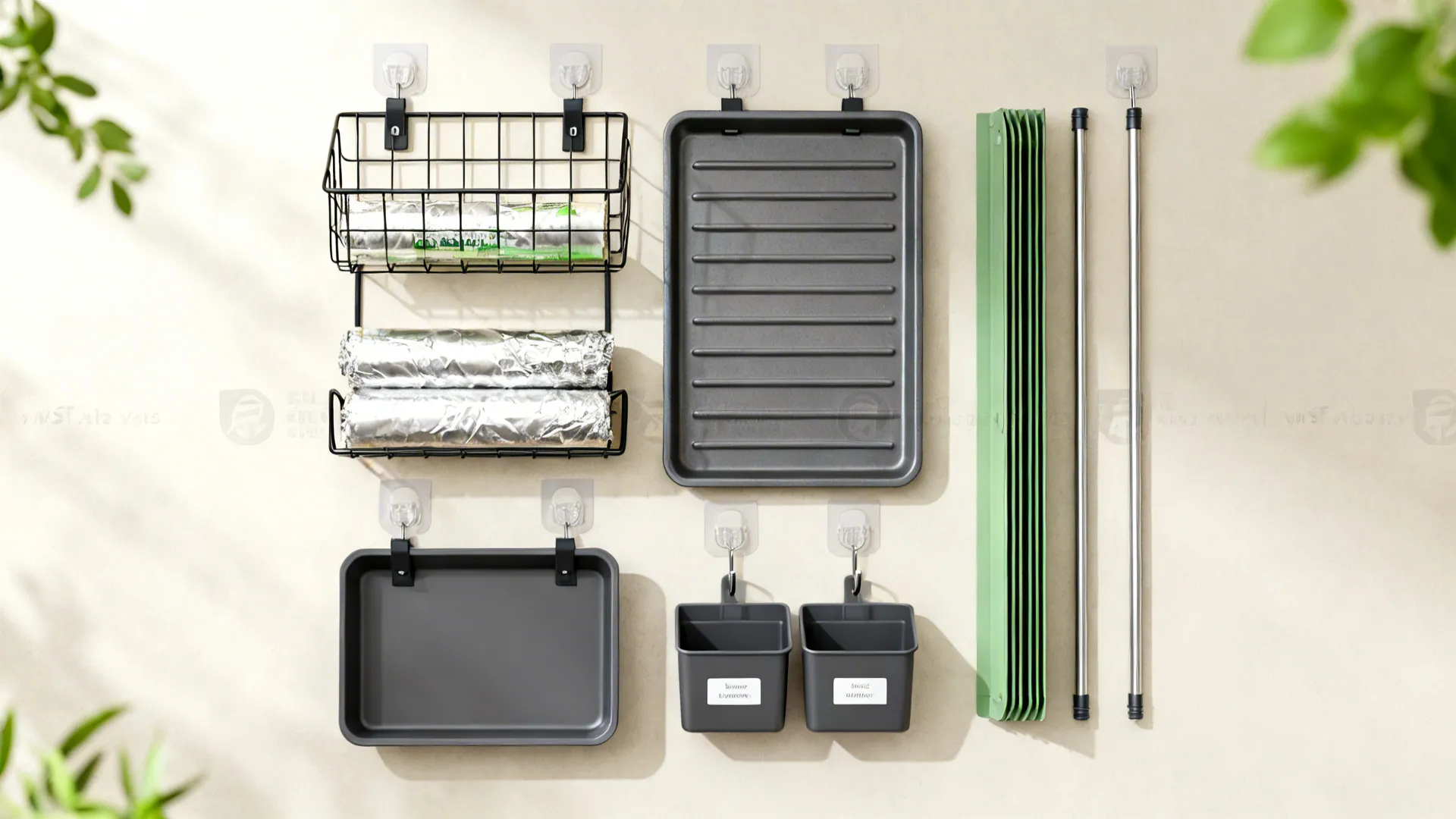 Top-down flat lay of clip-on baskets, over-door rack, adhesive hooks, and dividers for renter-friendly storage.