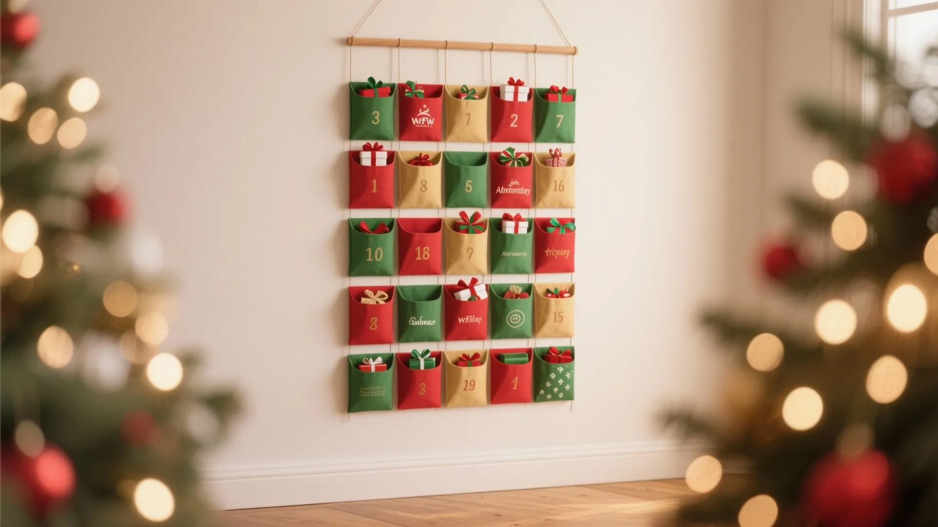 Red green and gold fabric advent calendar hanging on a white wall with small gift boxes