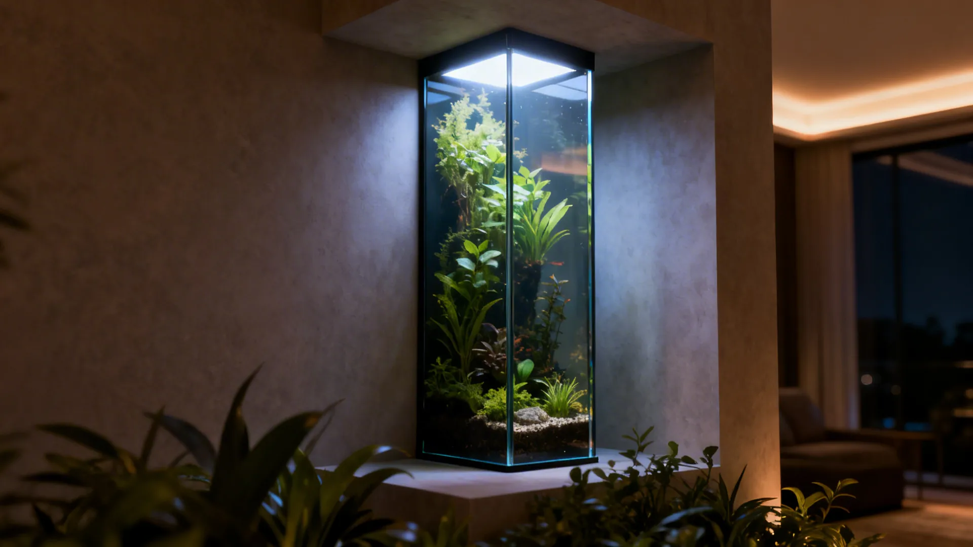 Tall vertical alcove aquarium with planted aquascape acting as a dramatic corner accent.