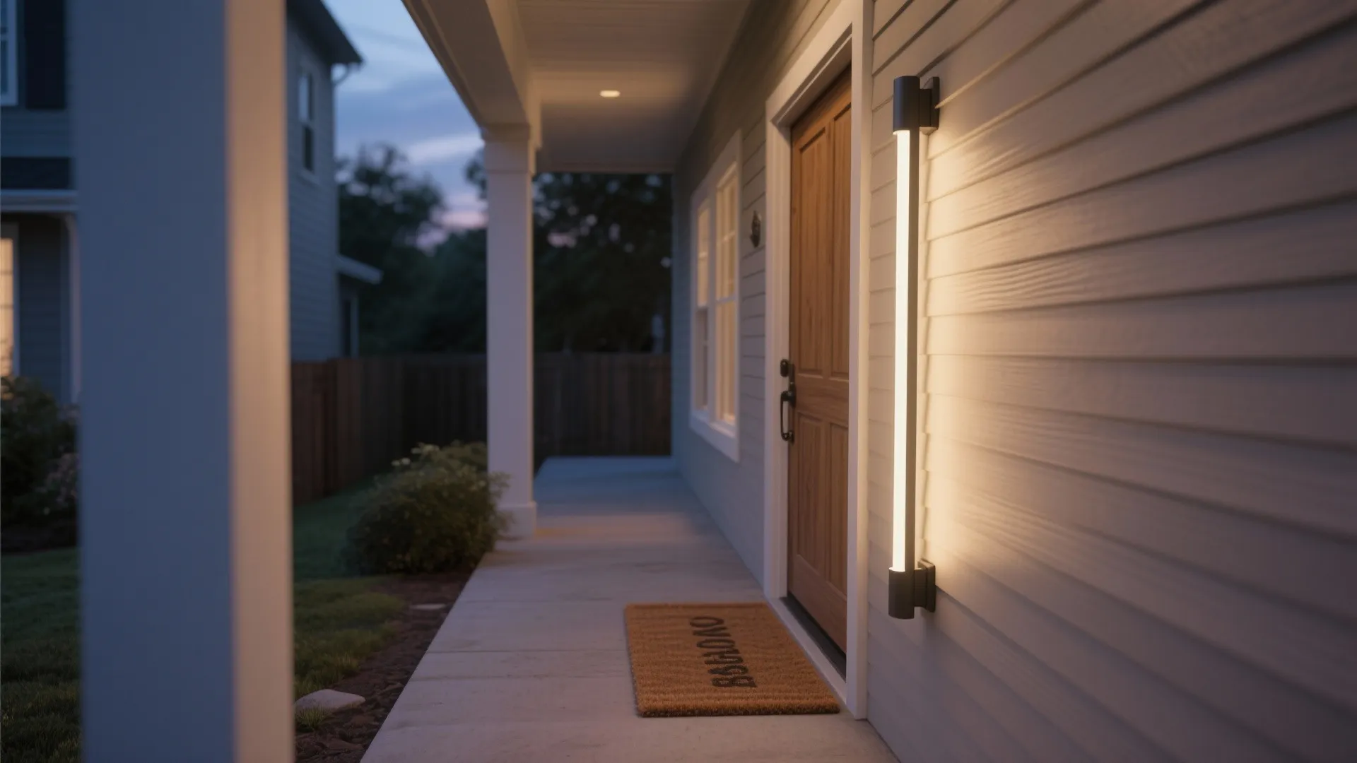 Long vertical wall light glowing on a house porch with a wooden door and brown siding