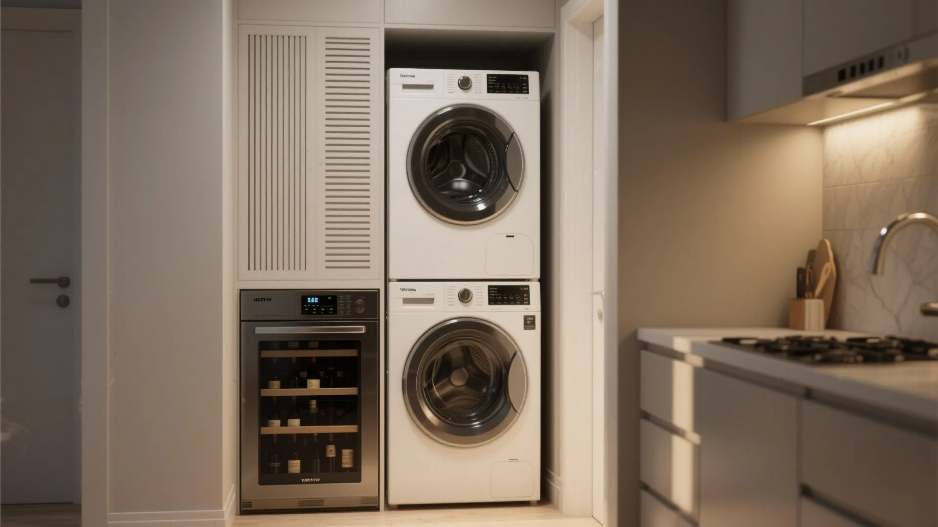 Stacked white washing machine and dryer next to a small wine cabinet in white wall