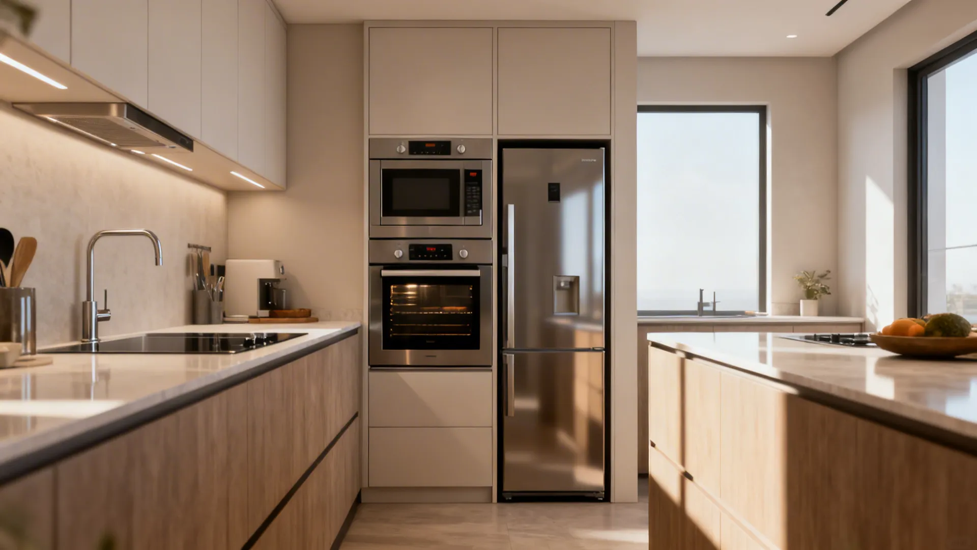 Compact kitchen with a vertical appliance tower combining oven, microwave, and fridge for clean sightlines.