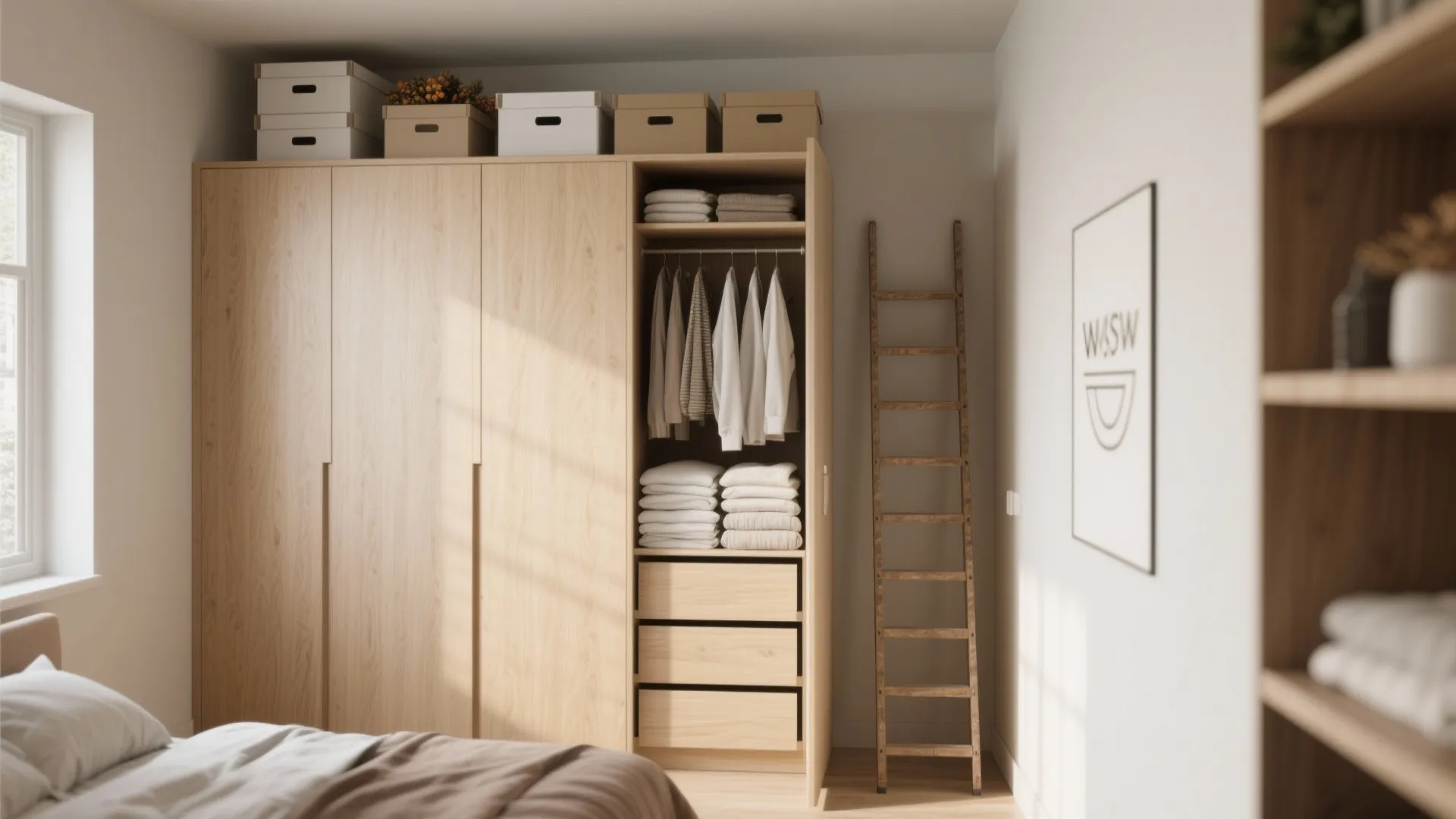 Tall narrow floor-to-ceiling armoire in a small bedroom, showing organized shelves and boxes with a stepladder.