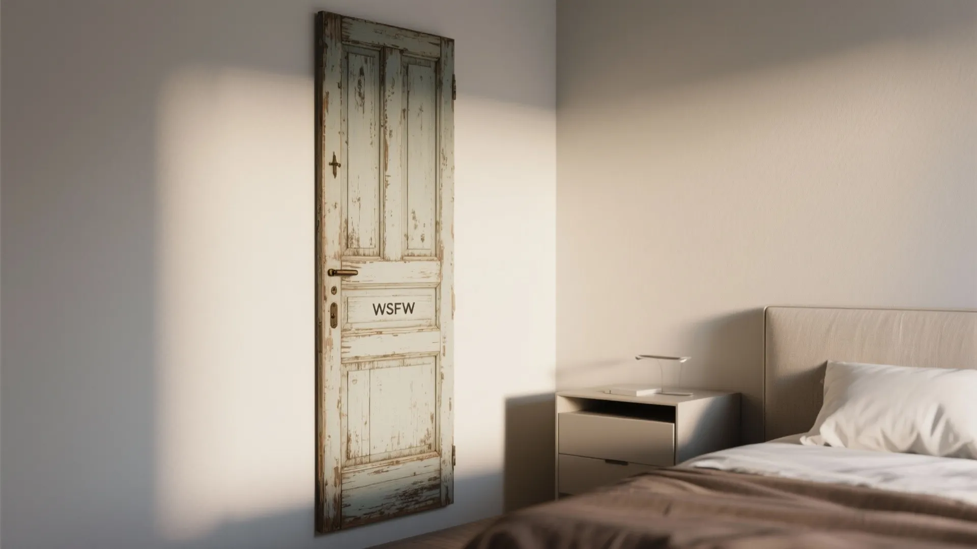 Rustic bedroom corner with weathered wooden door decor, small white nightstand, bed, and soft sunlight