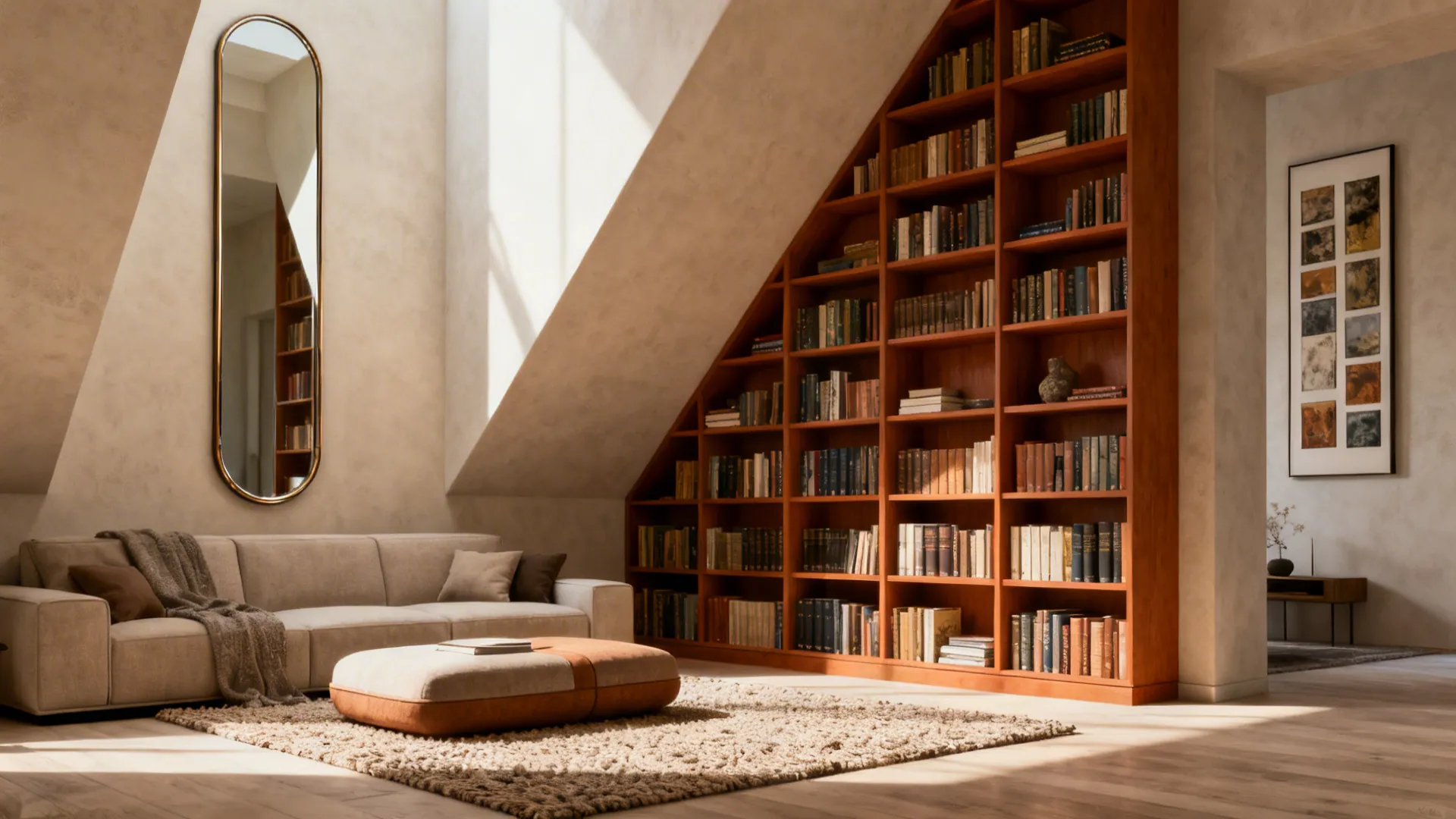 Living room with sloped ceiling large wooden bookshelf grey sofa footrest rug and tall mirror
