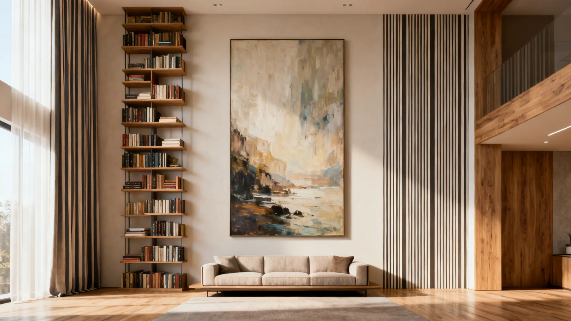 Tall artwork and a bookcase that climbs the wall in a vaulted living room with low-profile furniture.