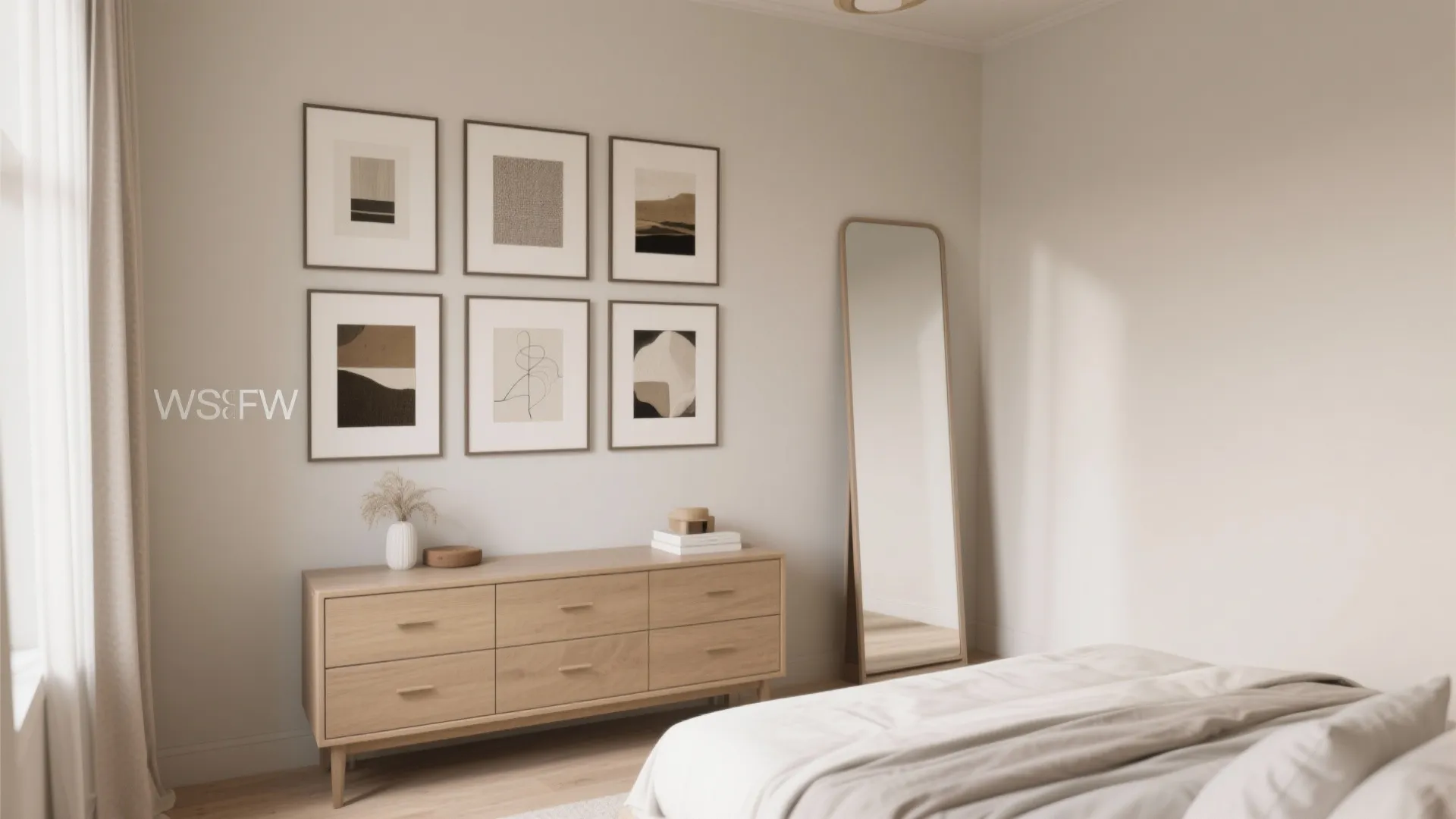 Minimalist bedroom interior featuring wooden cabinet and framed wall art next to a standing floor mirror