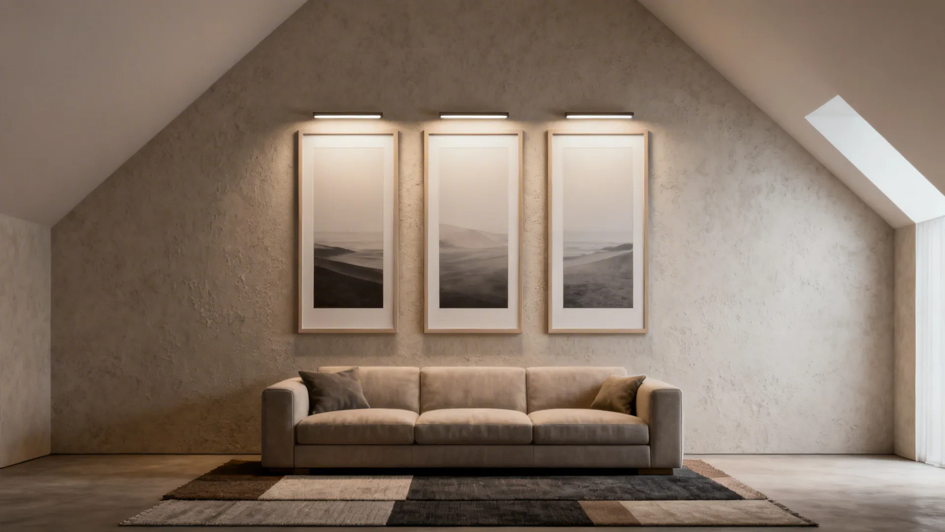 Vertical trio of framed prints above a sofa anchoring a vaulted living room wall.