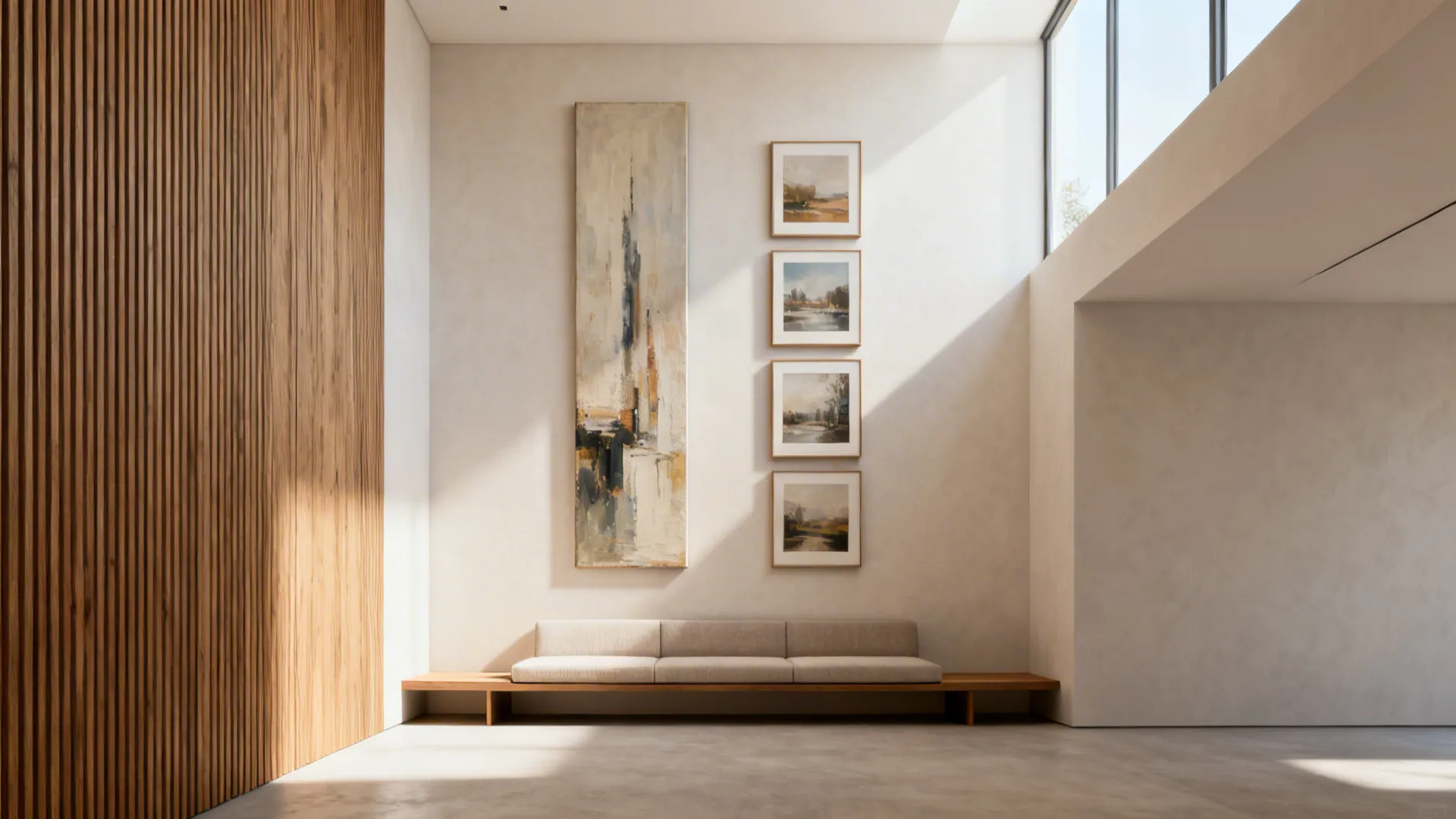 Vertical paintings above a narrow sofa emphasizing ceiling height in a compact living room.