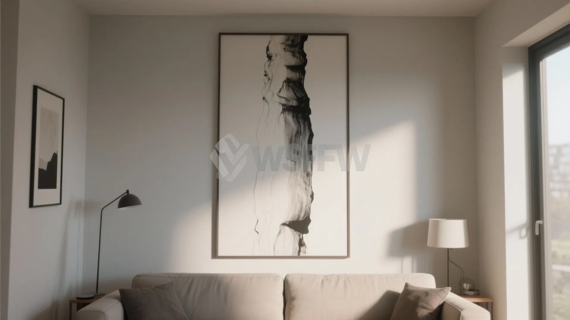 Modern living room featuring large abstract wall art above a beige sofa with black lamps