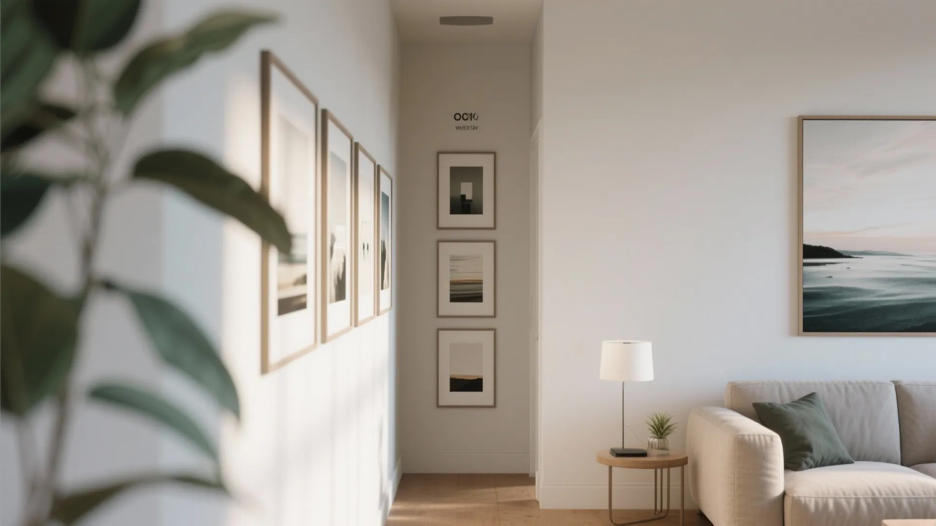 Vertical artwork on wall of a narrow living room