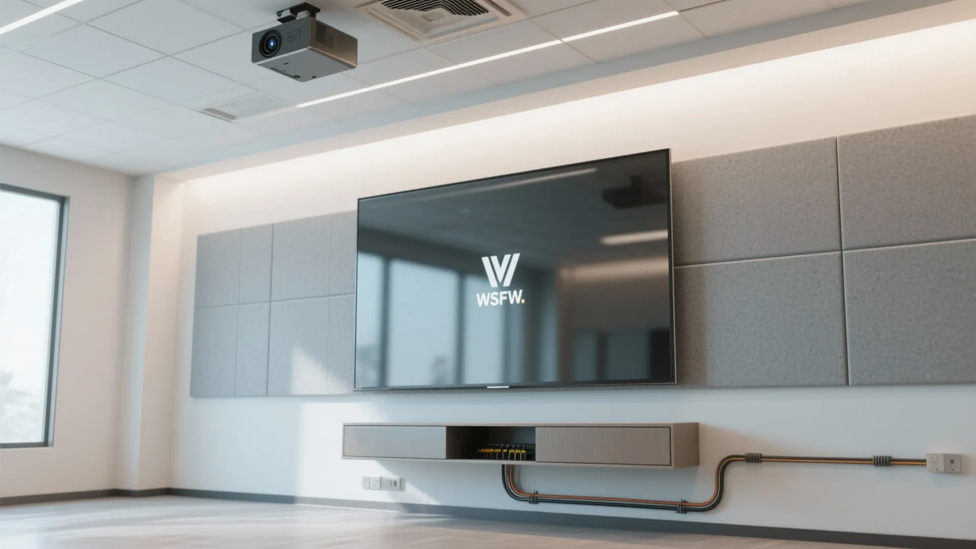 Modern meeting room featuring a large wall screen projector and grey wall panel sound insulation
