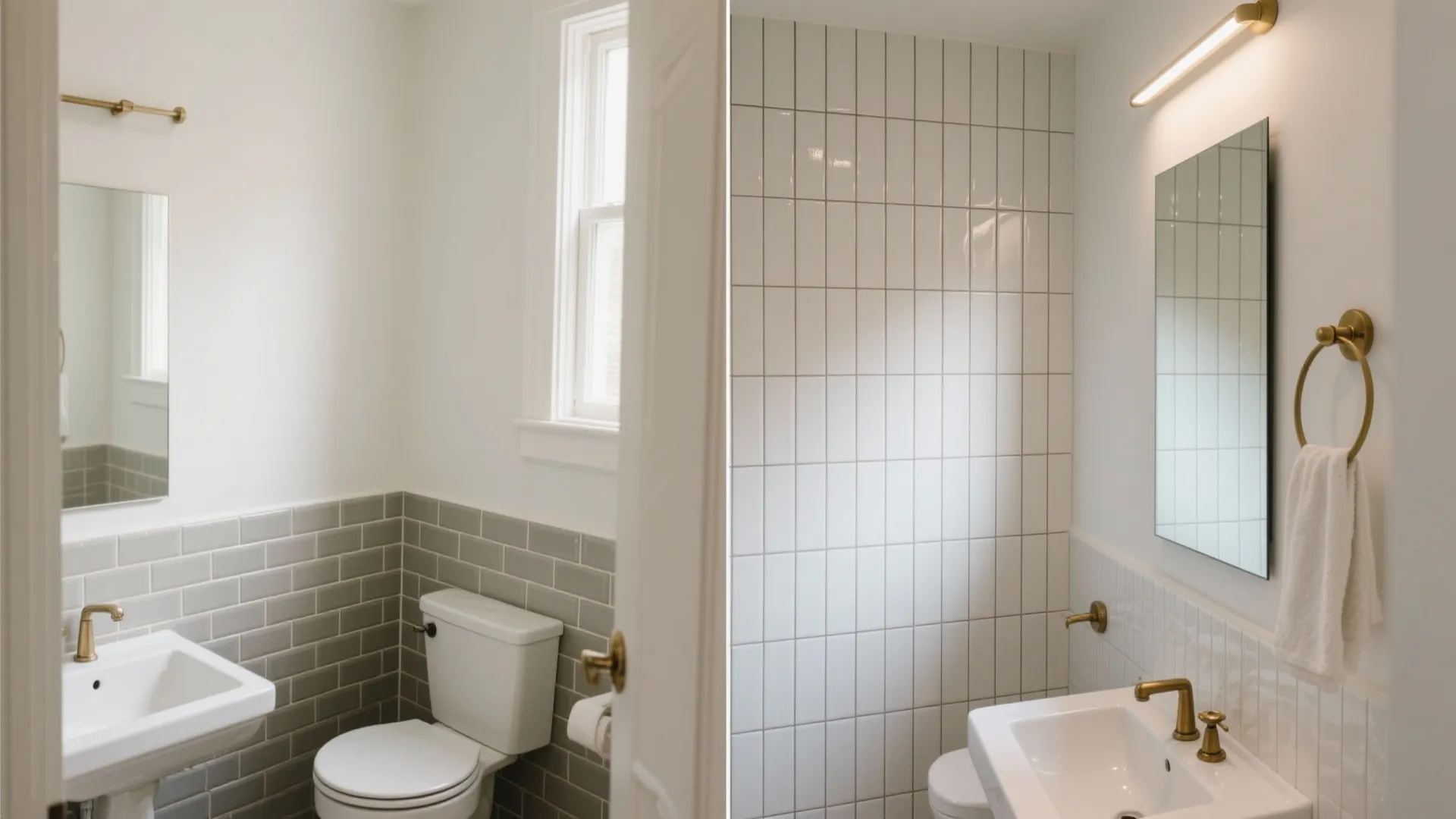 Split-screen bathroom showing horizontal tile before and vertical stacked tile after to enhance room height.