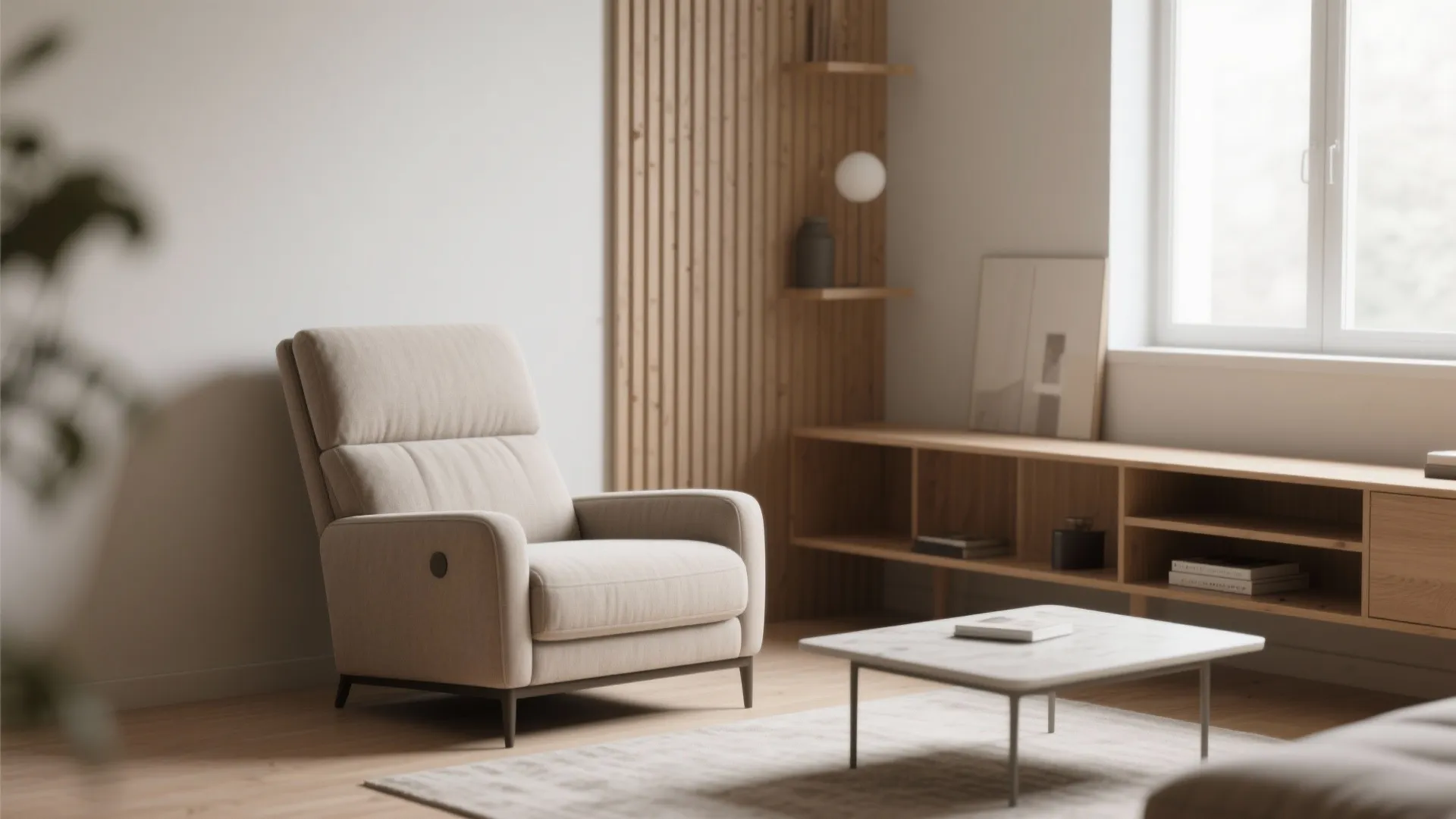 Small corner with a tall narrow-back slim recliner paired with a low coffee table, highlighting vertical presence and modest footprint.