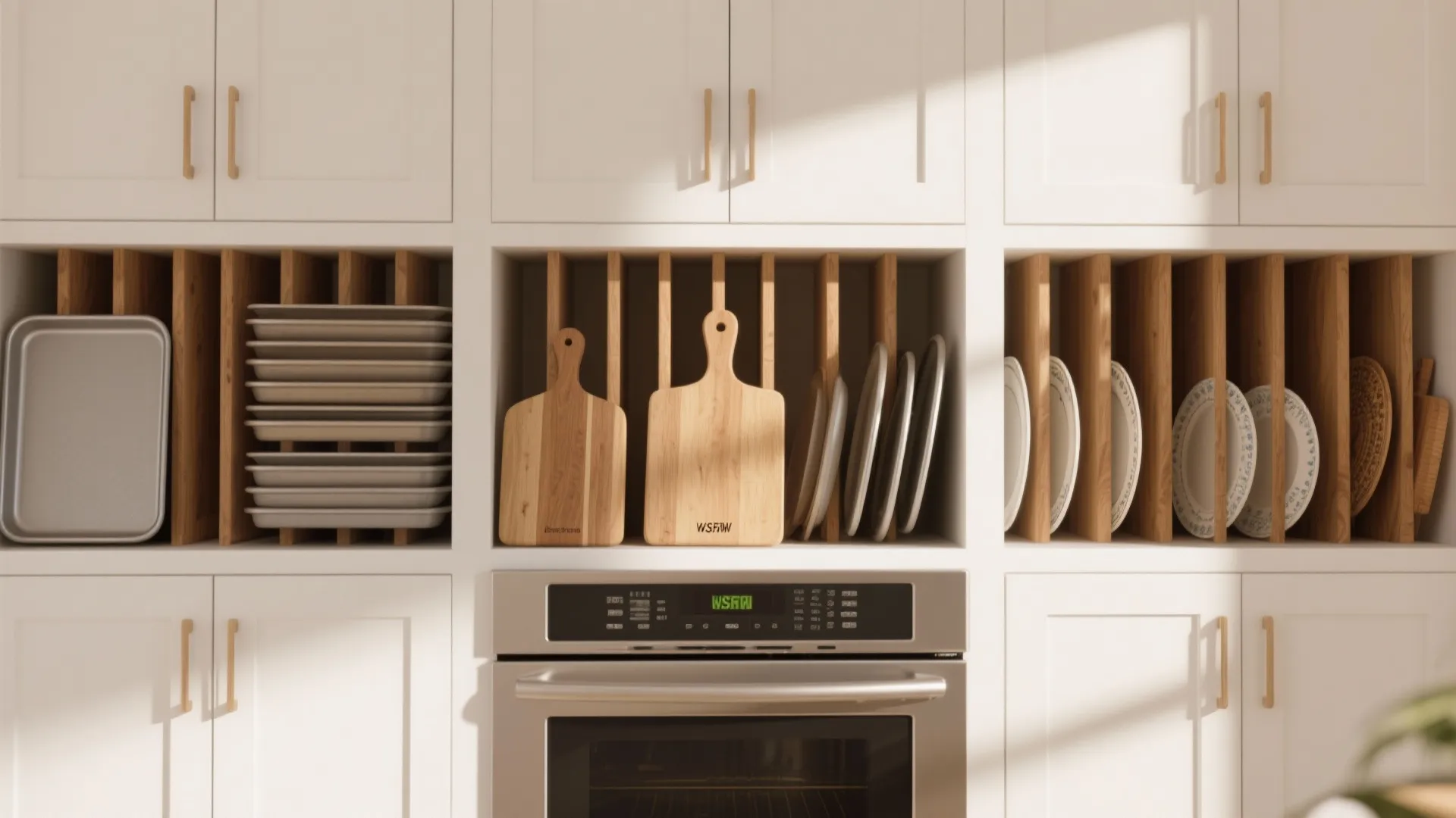 White kitchen cabinets with vertical wooden dividers for organized storage of baking trays and ceramic dishes