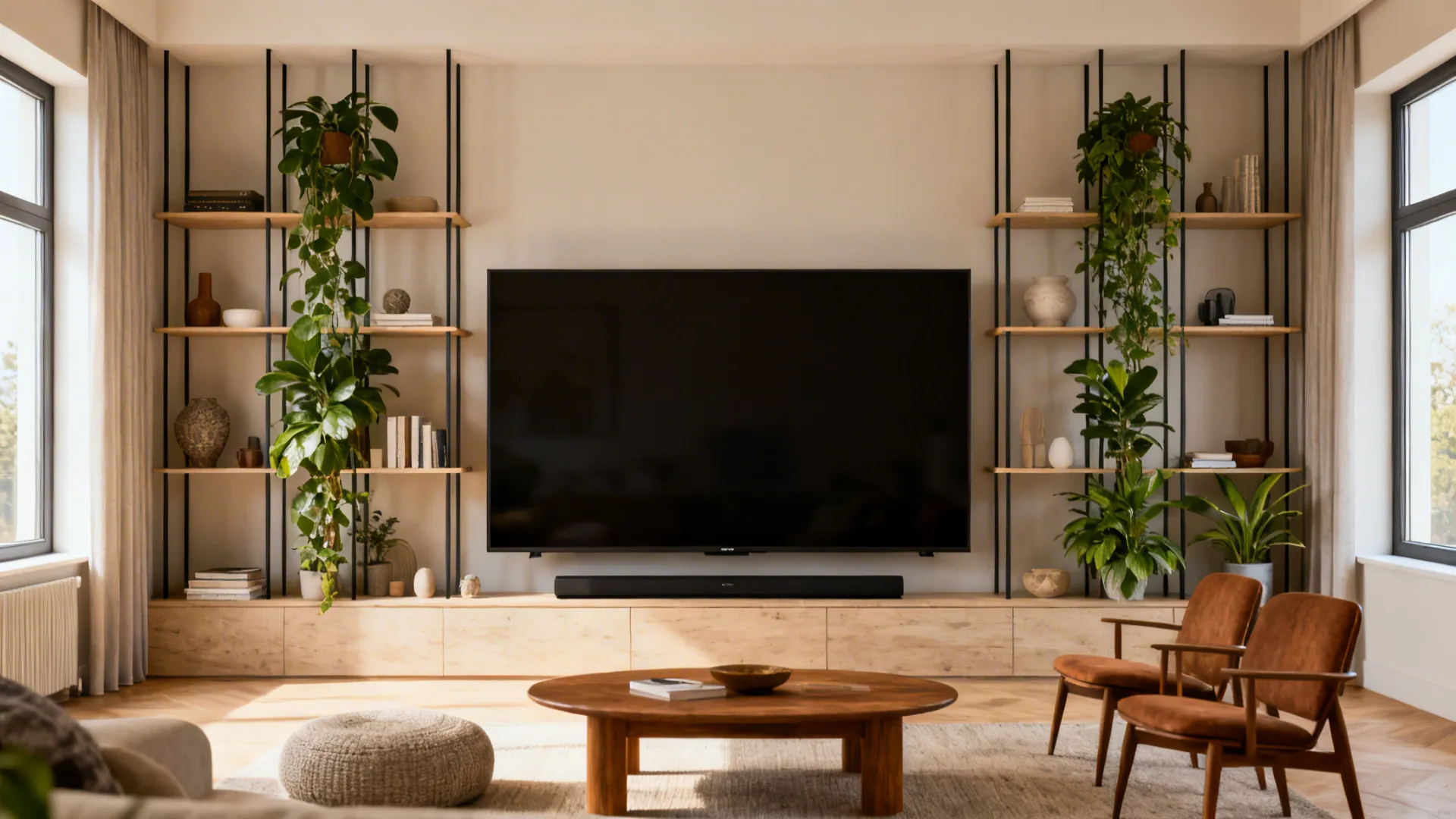 85-inch TV balanced by tall shelving and plants to reduce visual dominance.