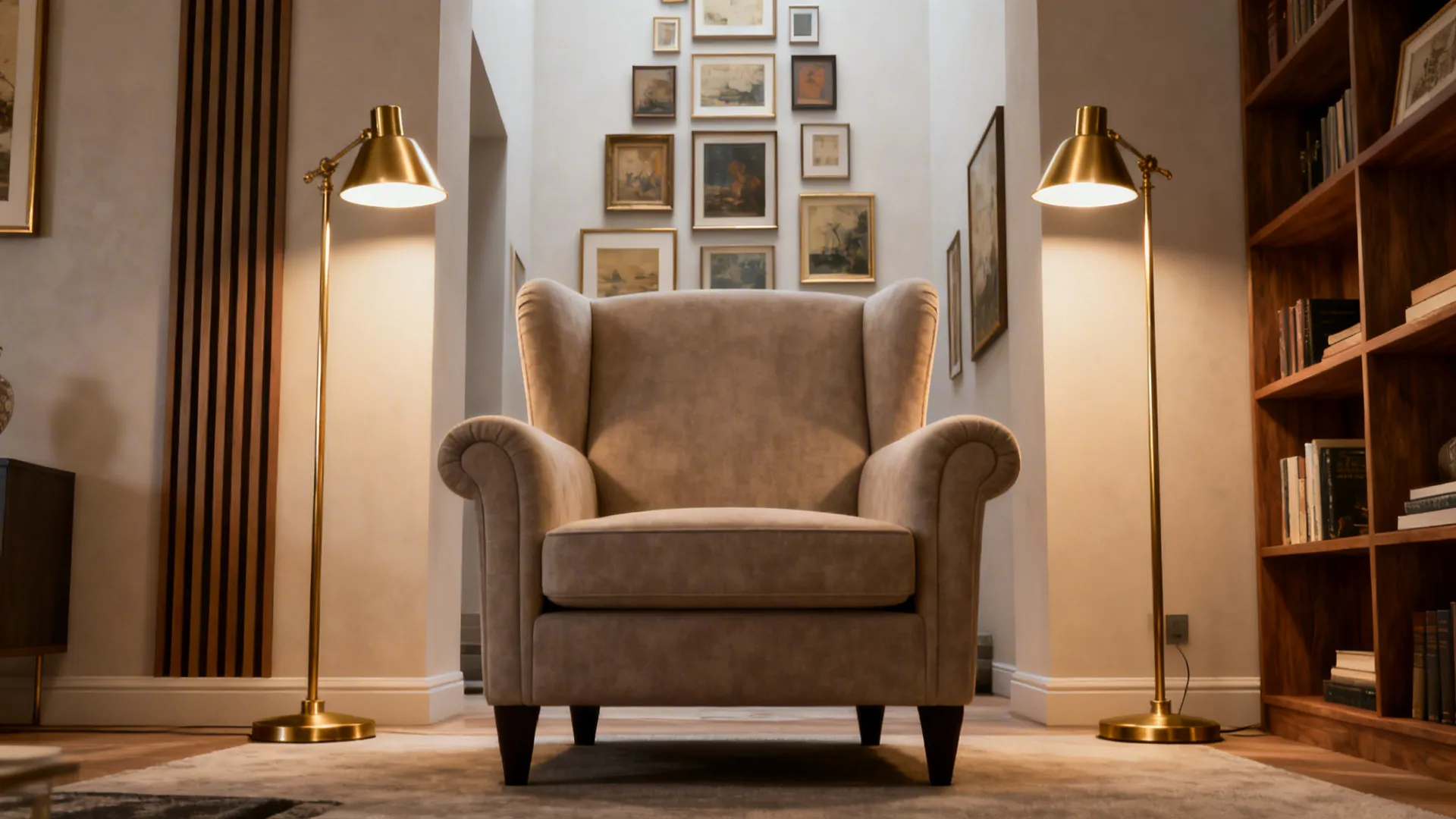 Oversized chair with brass floor lamps and a gallery wall providing vertical balance in the room.