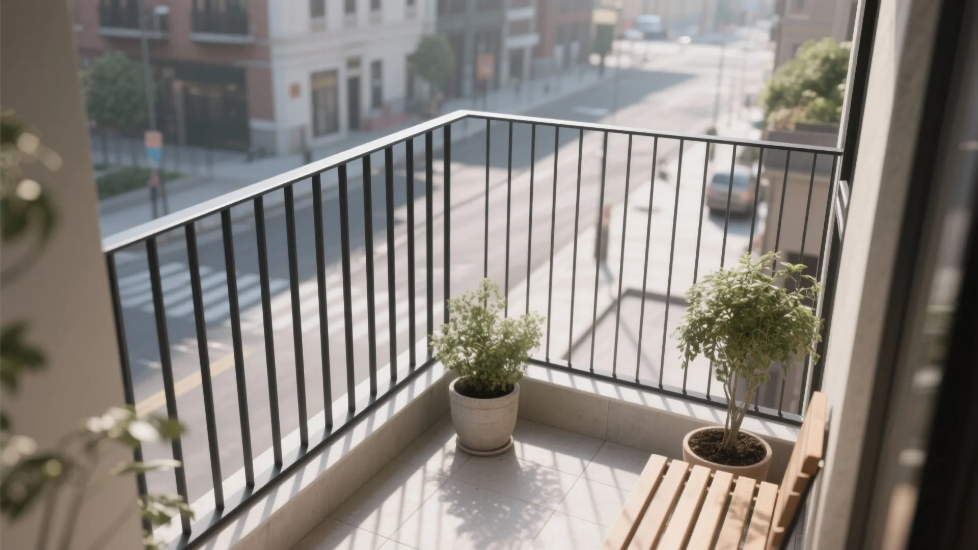 Slim vertical aluminum baluster railing in satin black on a compact balcony.