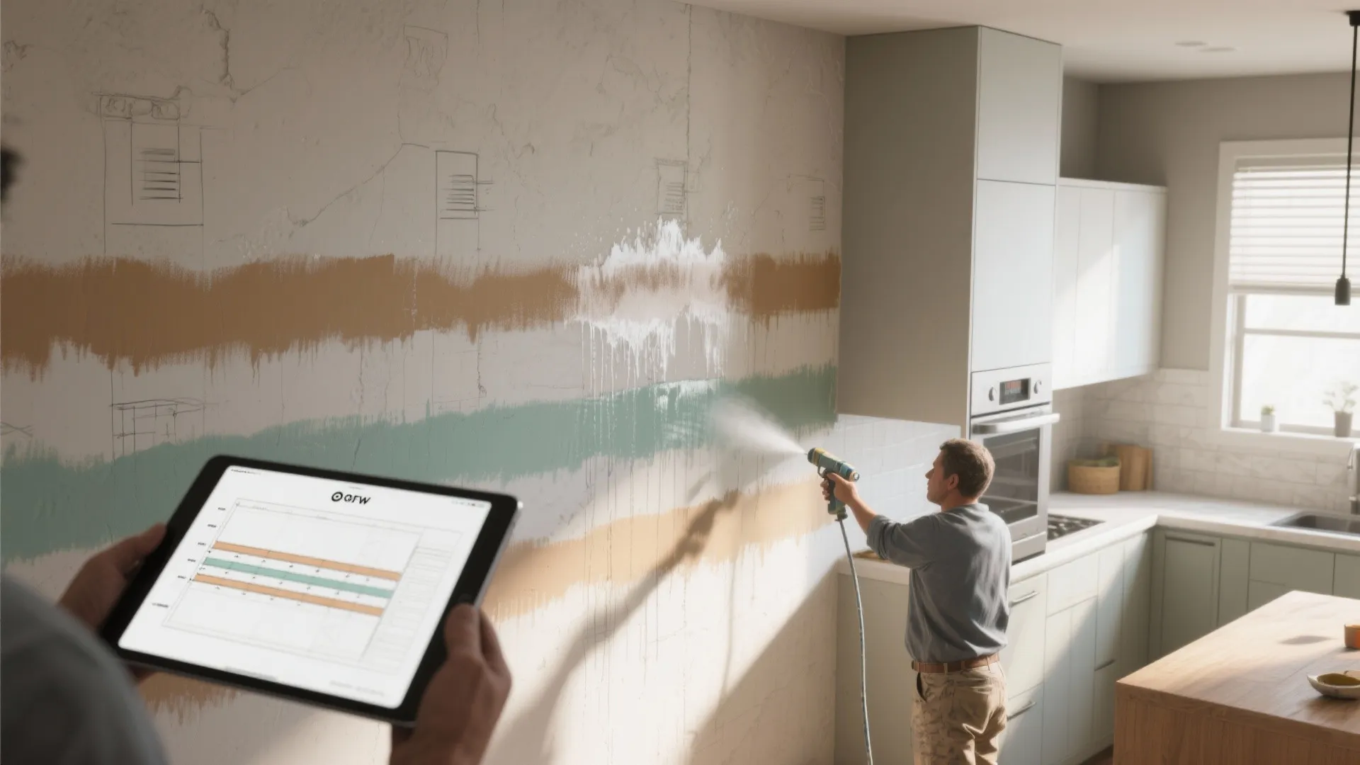 Painter spraying vertical bands on an open-plan kitchen wall, feathering overlaps to maintain a wet edge.