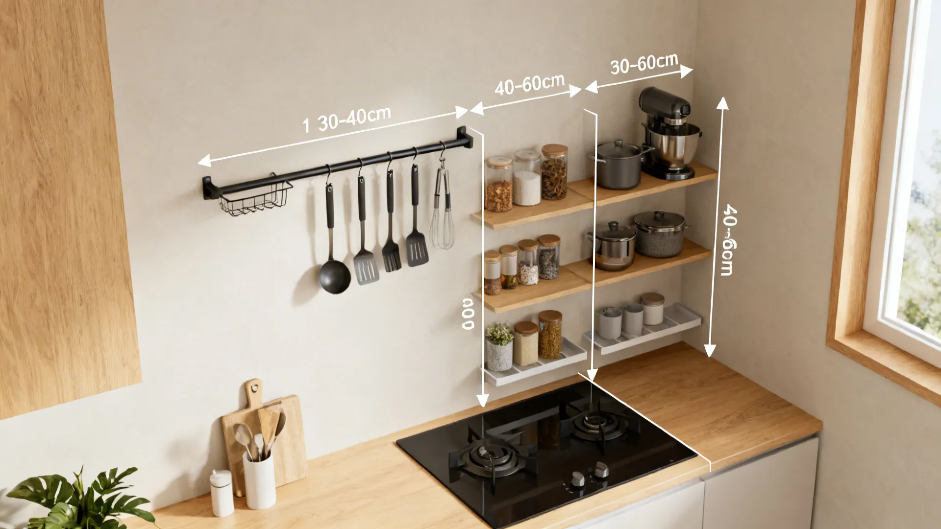 Top-down view showing three vertical storage zones above a kitchen counter with rails and shelves.