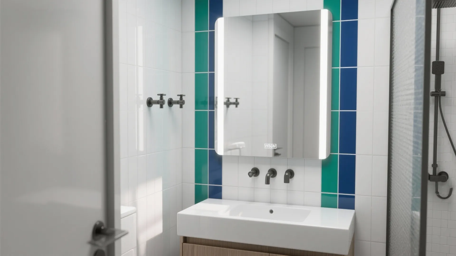 Modern bathroom with white sink, lighted mirror, wooden cabinet, and green and blue wall tiles