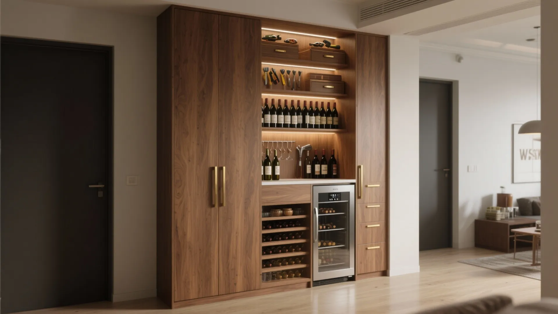 Tall wooden wine cabinet with built in wine cooler glass shelves and gold handles in living room