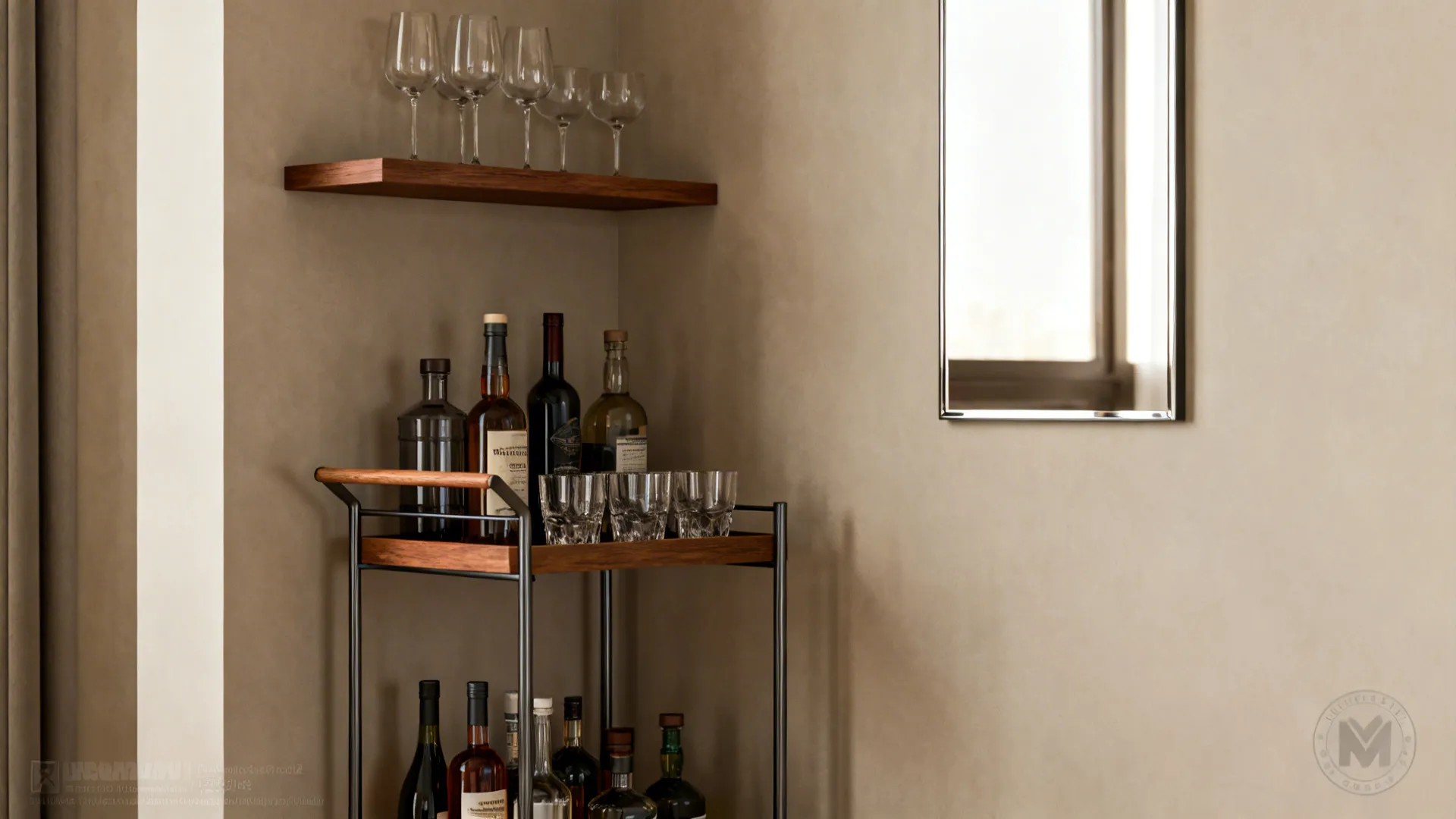 Slim bar cart and floating shelf with mirror in a compact dining corner.