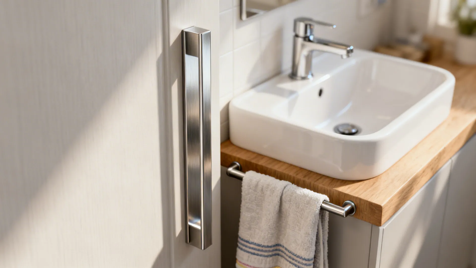 Modern bathroom sink with wooden countertop featuring long vertical silver handle and a white towel