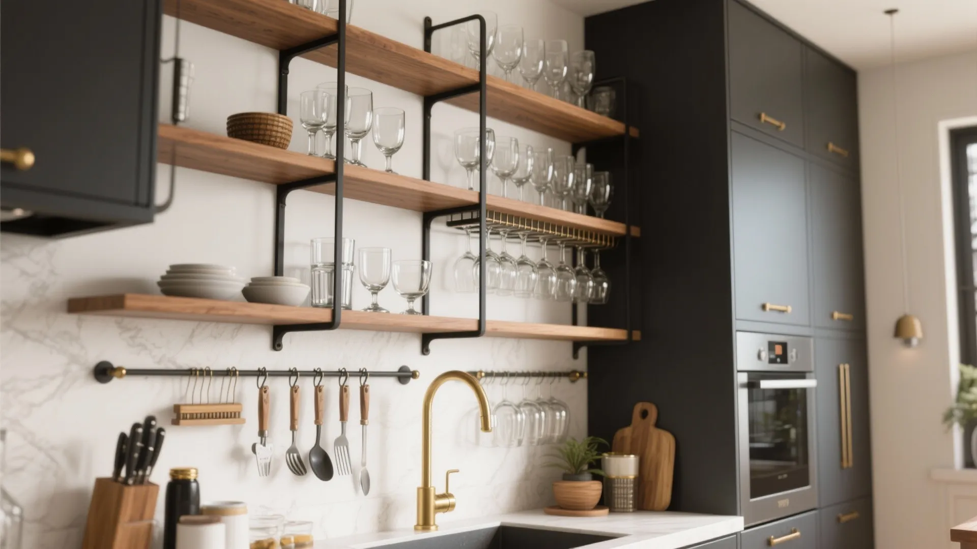 2. Vertical bar wall with glass racks and open shelving