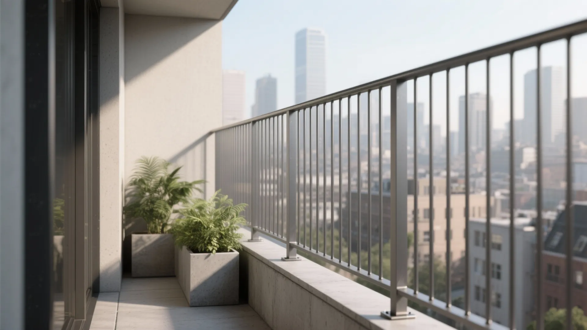 Compact balcony with matte powder-coated vertical steel bars, rounded top rail, and city skyline view