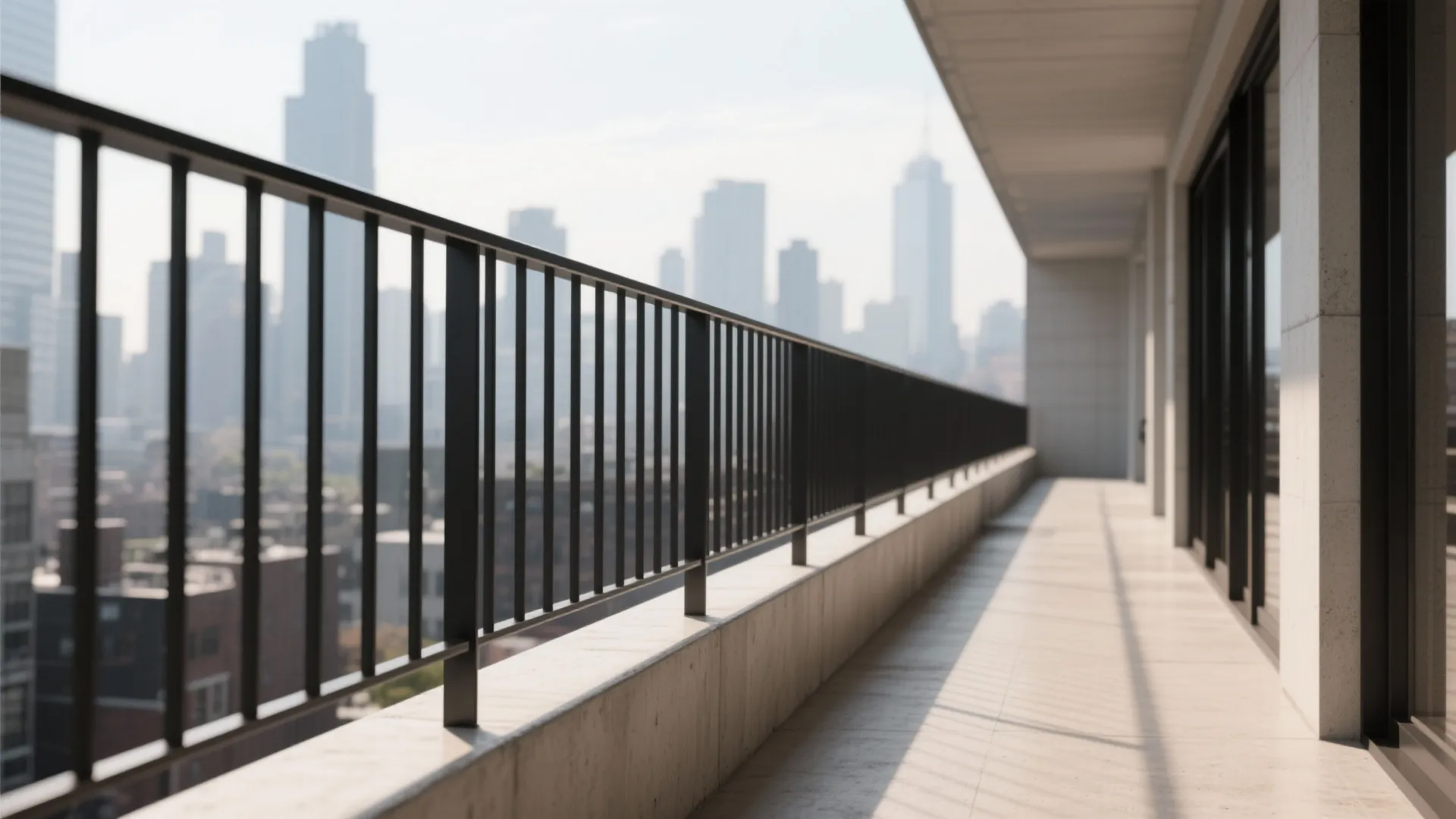 Minimalist vertical steel balustrades on a narrow urban balcony with clear skyline.