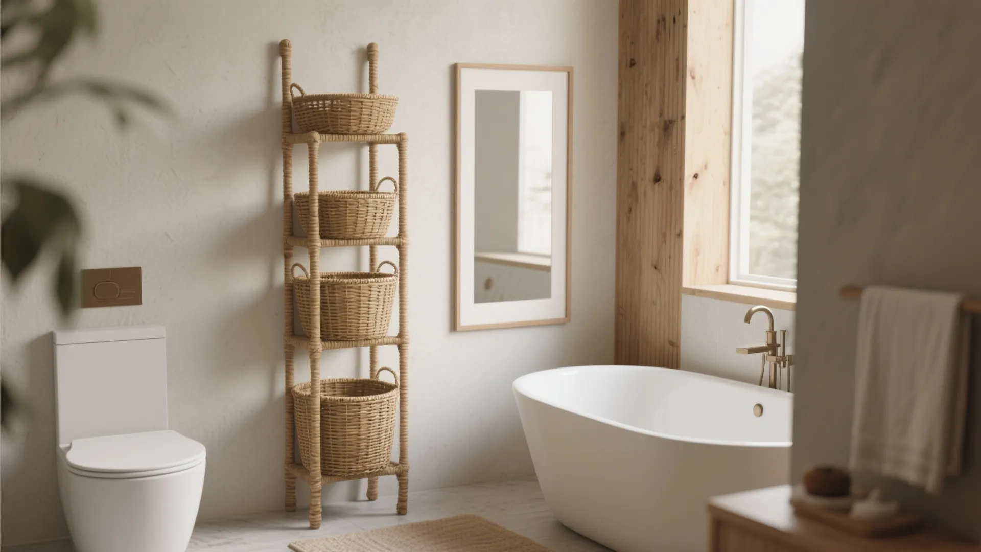 Modern bathroom featuring a tall woven basket storage tower next to a white bathtub and