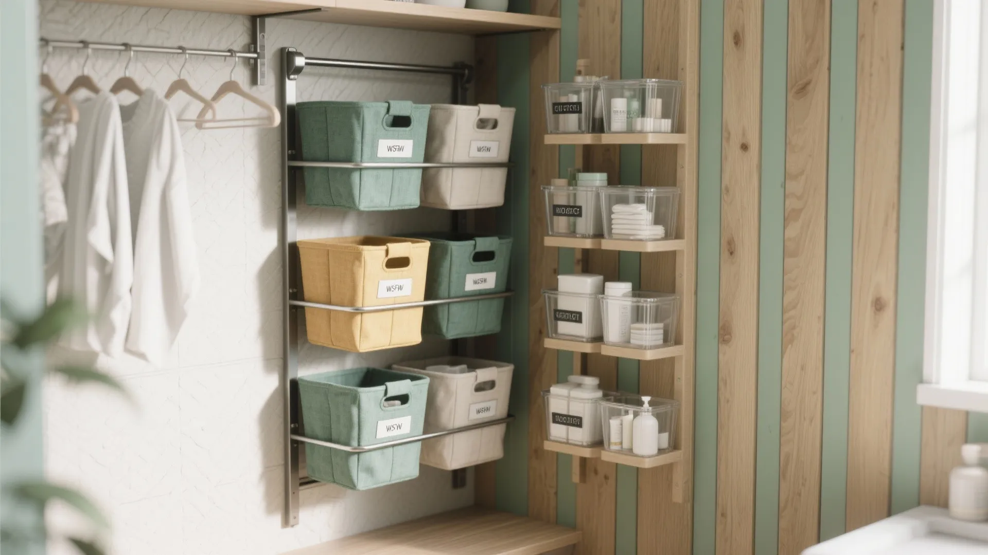 Storage wall with colored fabric baskets on metal rails and clear boxes for bathroom organization