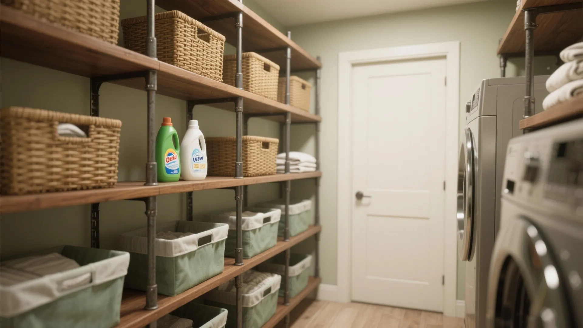 Storage area with wooden shelves and metal pipes containing many woven baskets and detergent bottles