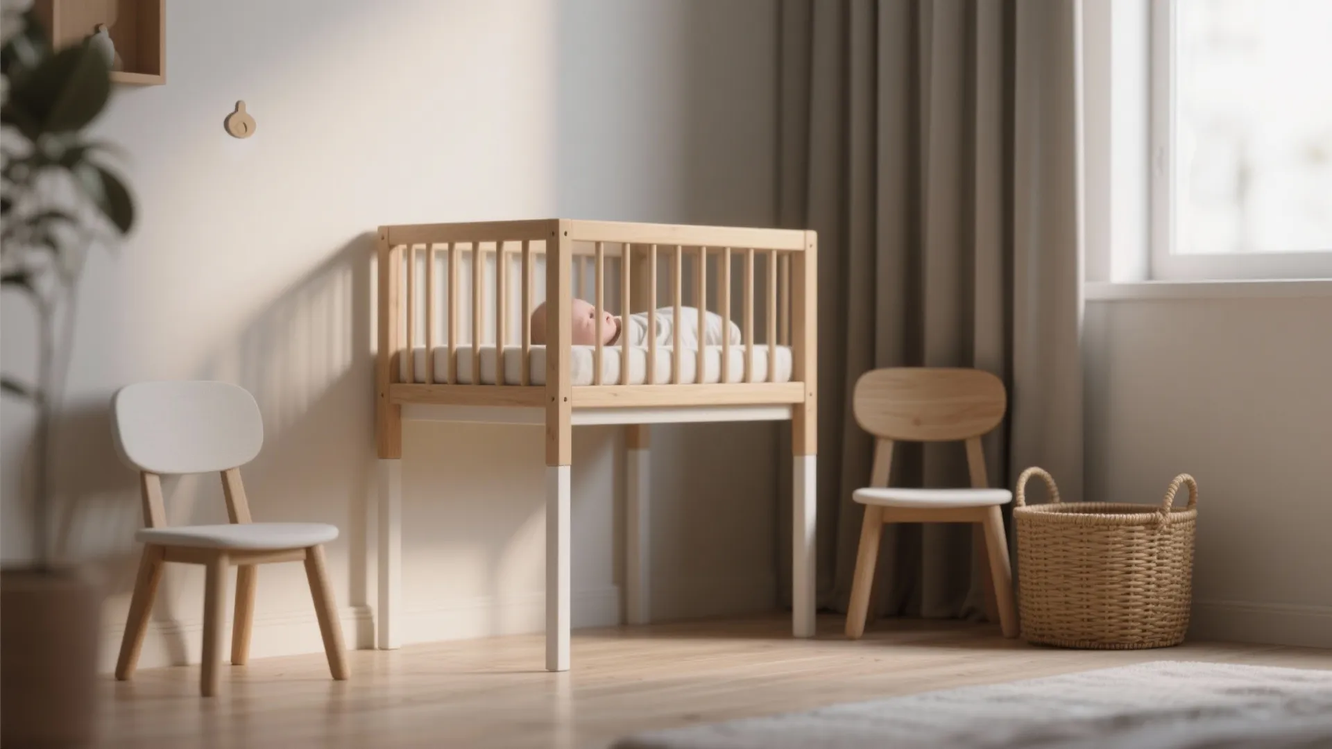 Modern nursery room with high wooden baby bed small white chairs woven basket and natural light