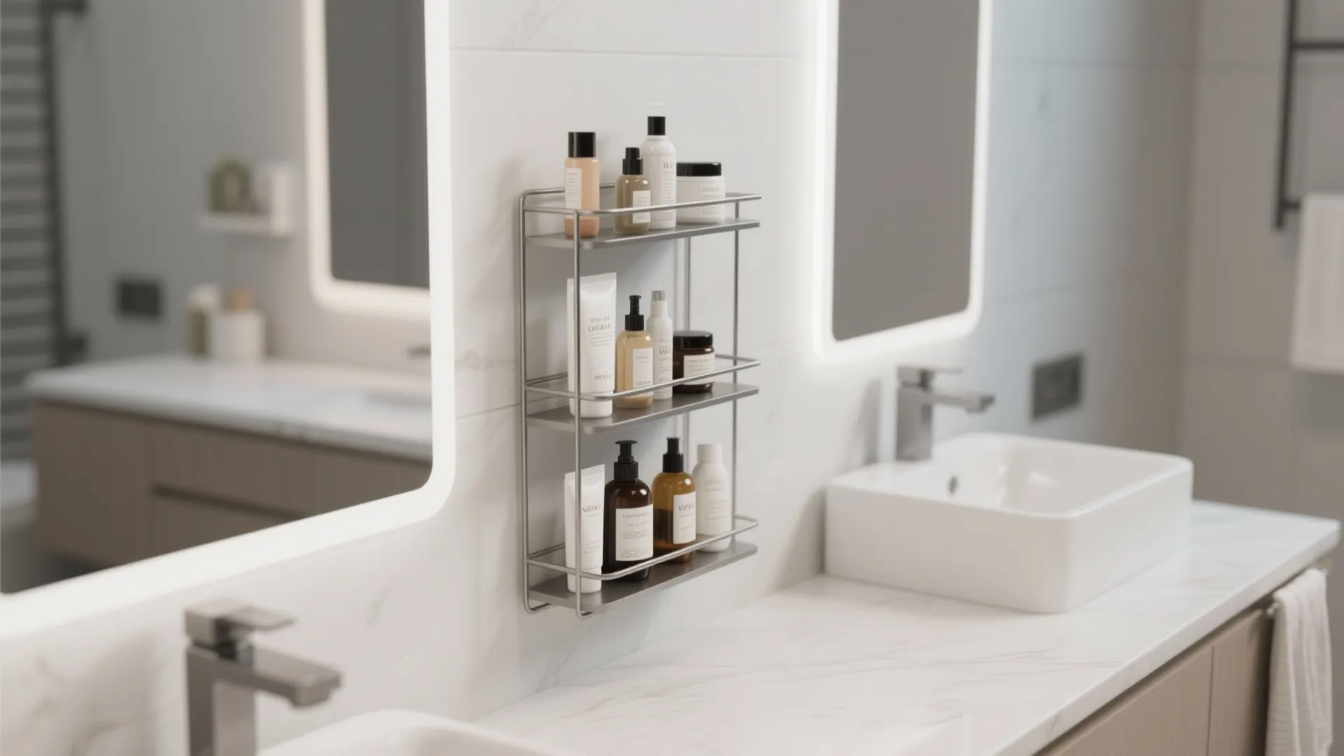 Metal wall shelf holding various skin care bottles and jars above a white bathroom counter