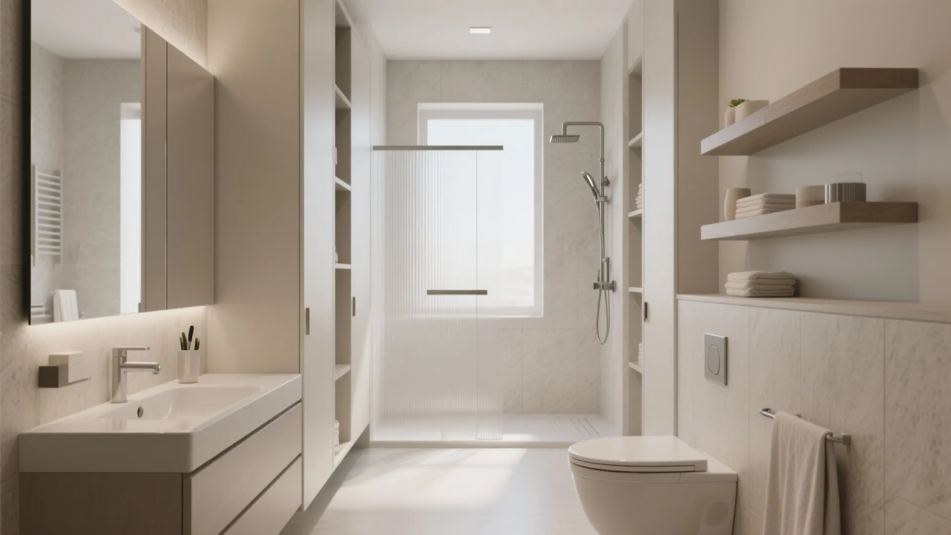 Bright bathroom featuring white sink cabinet and wall shelves with towels near a walk-in shower
