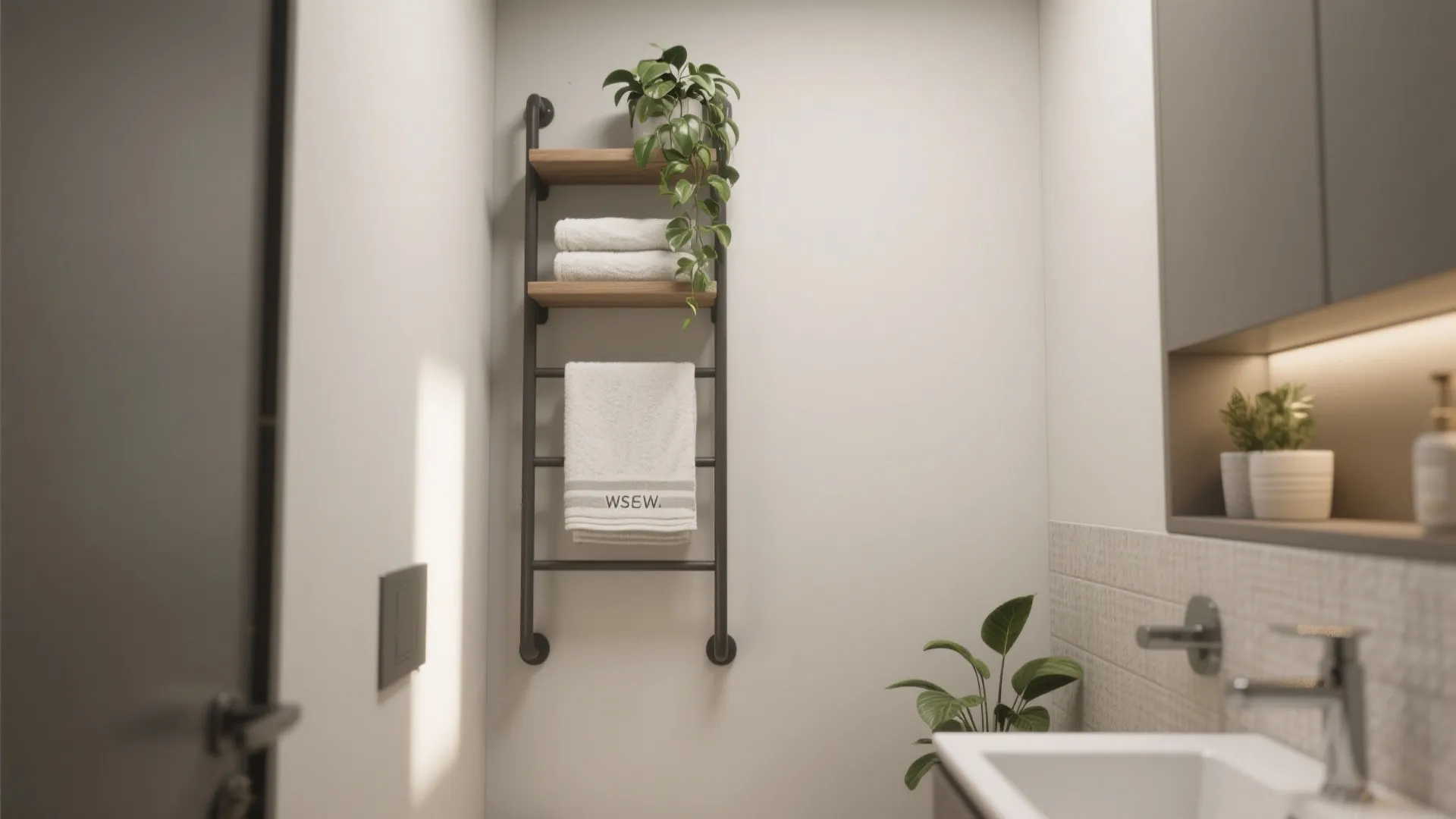 Black metal towel rack with wood shelves holding white towels and green plant in bathroom