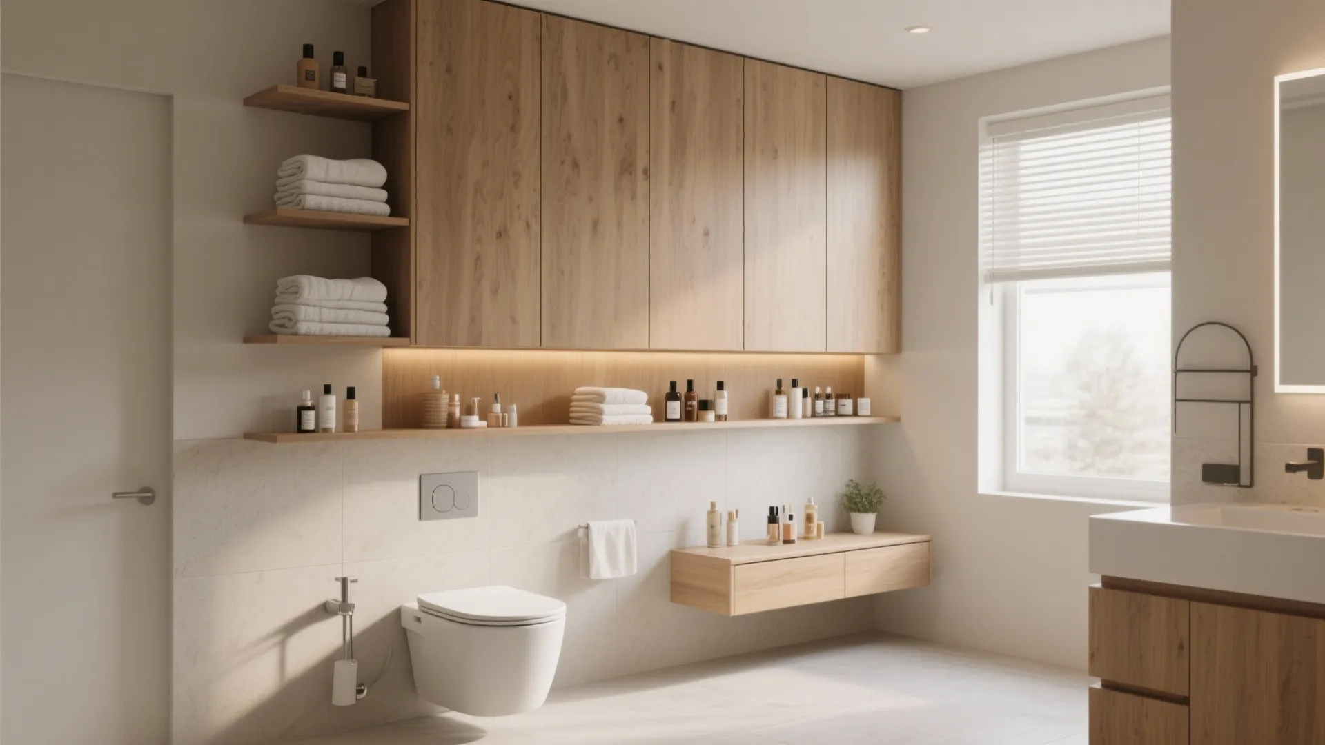Bright bathroom featuring wooden wall cabinets open shelves white toilet and small window with blinds