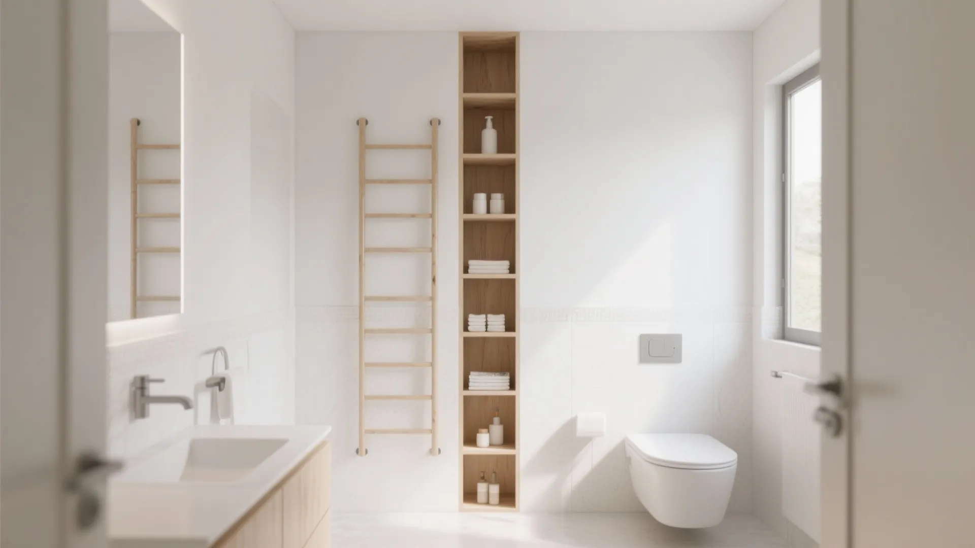 Minimalist white bathroom featuring a tall wooden recessed wall shelf and a wooden towel ladder