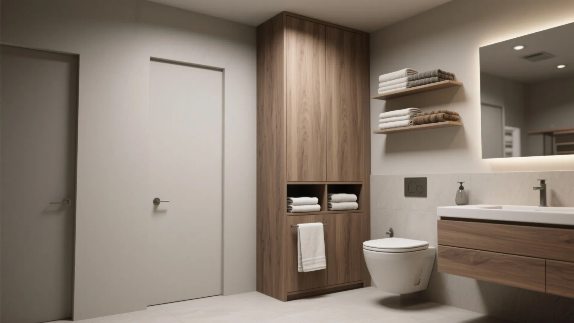 Modern bathroom with tall wooden cabinet white toilet wall shelves and wood sink vanity unit design