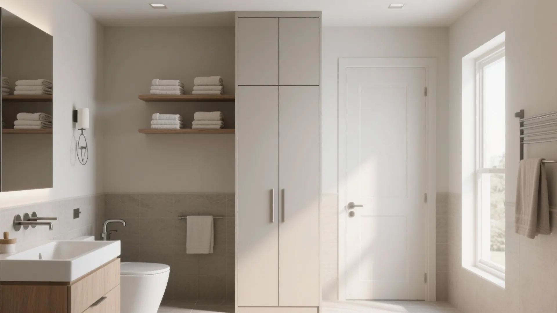 Minimalist bathroom interior featuring tall storage cabinet, wooden shelves with towels, toilet, and white door