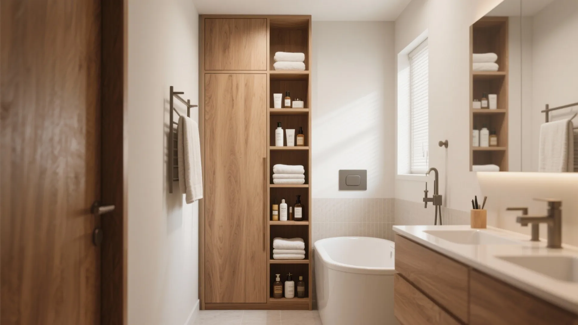 Tall wooden bathroom cabinet with shelves for towels and bottles near a bathtub and vanity