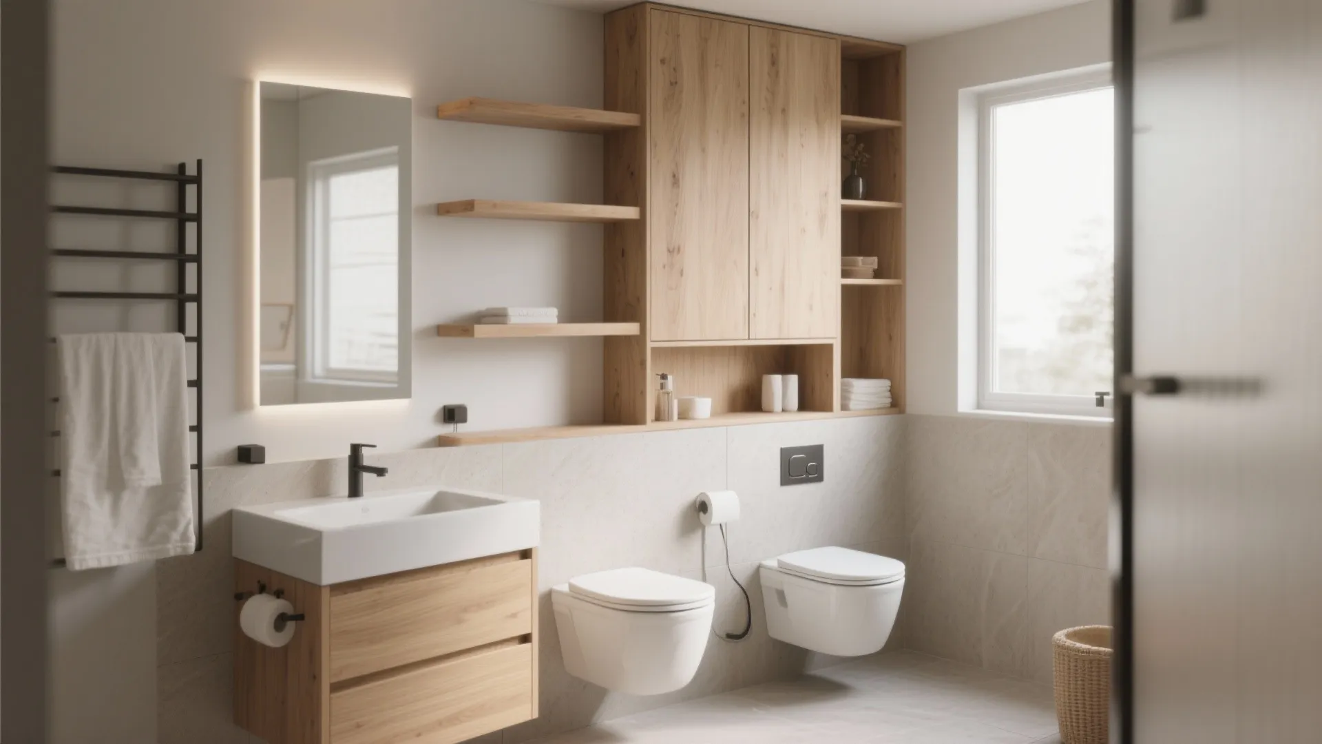 Small bathroom with tall cabinets and floating shelves for storage
