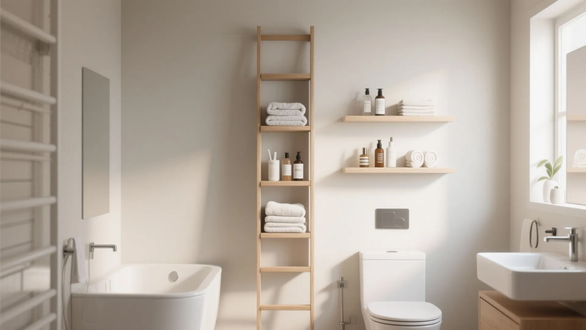 Bright minimalist bathroom with wooden ladder towel rack plus wall shelves and clean white bathtub