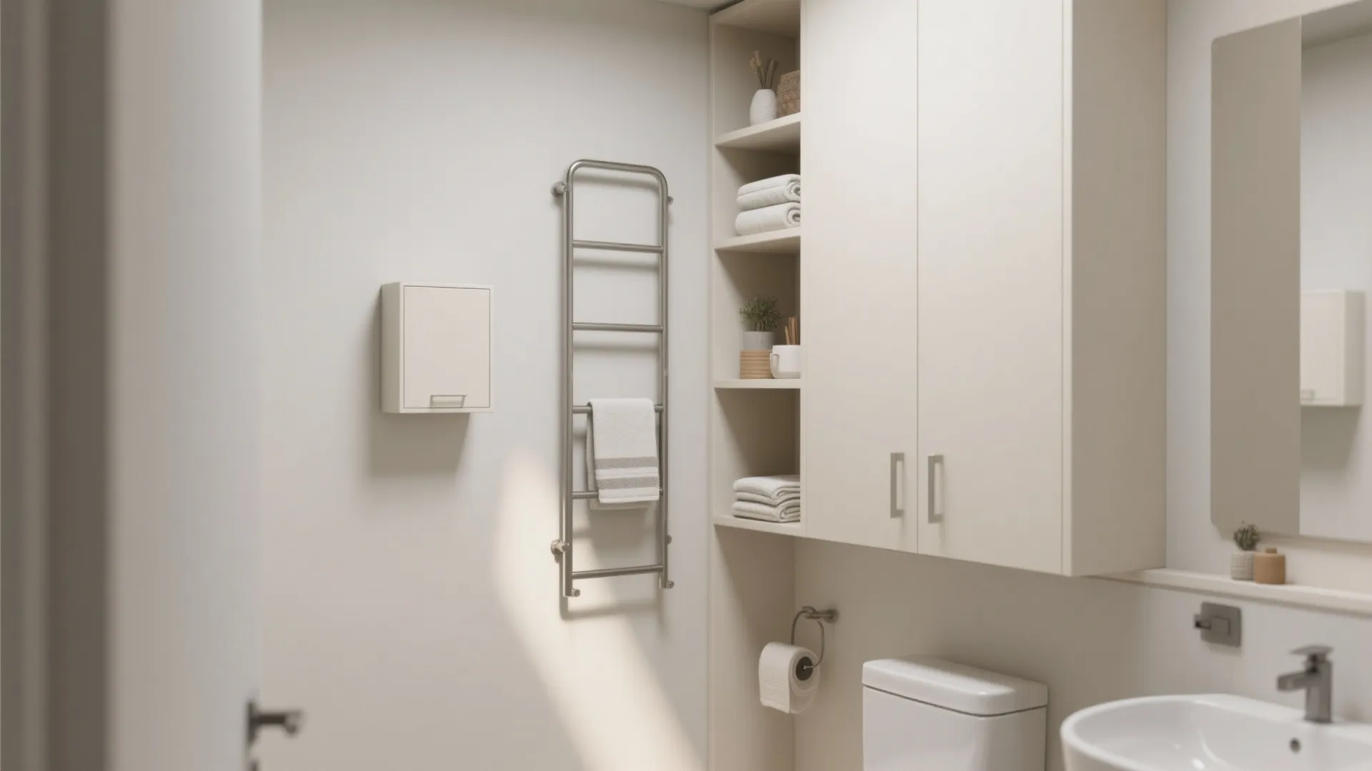 Modern bathroom with white wall cabinets tall open shelving towel rack toilet and white sink