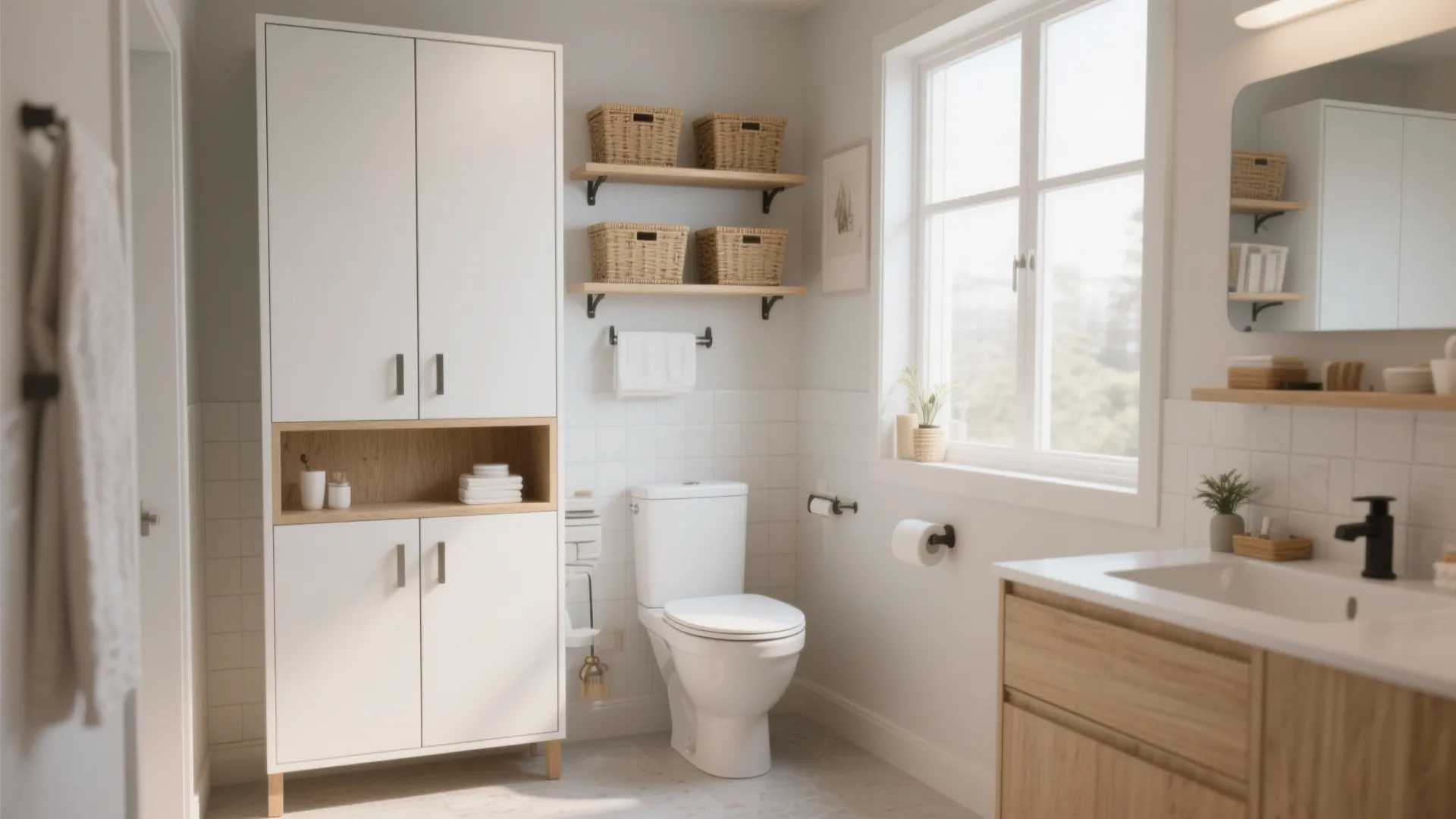 Bright bathroom interior design drawing featuring white tall cabinet wooden shelves wicker baskets and white toilet