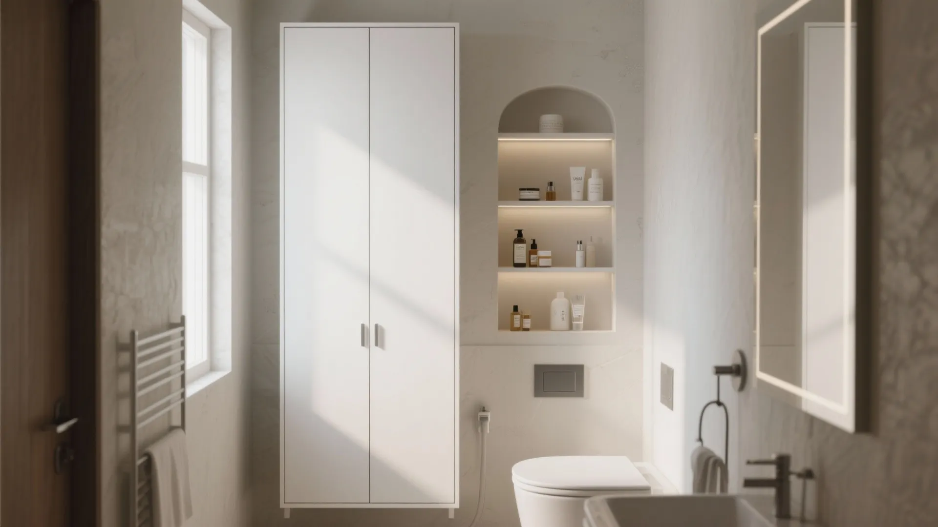 Bright bathroom with tall white storage cabinet, recessed wall shelves, white toilet, and side window